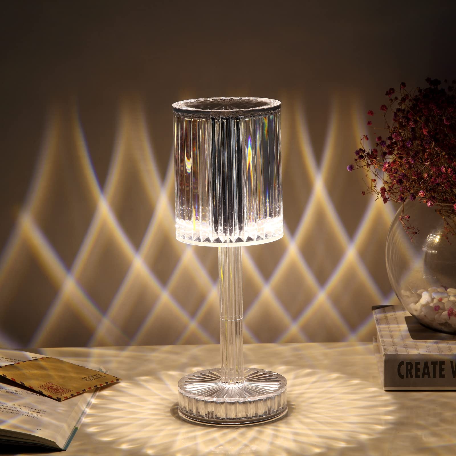 Leroxo Portable Crystal Table Lamp - 3 Color Touch Control, Rechargeable, 3-Level Brightness - Elegant Room Decor for Desk, Bedside, Nursery, Dining Room - Perfect Night Light for Kids & Adults