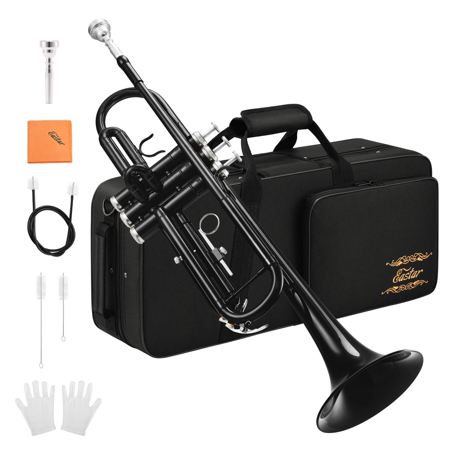 Eastar Bb Trumpet - Professional Brass Bb Trumpet Set for Student Beginners with Hard Case, Cleaning Kit, 7C Mouthpiece & Gloves (Black, ETR-380B) - Perfect for School Bands, Music Lessons & Jazz Performances