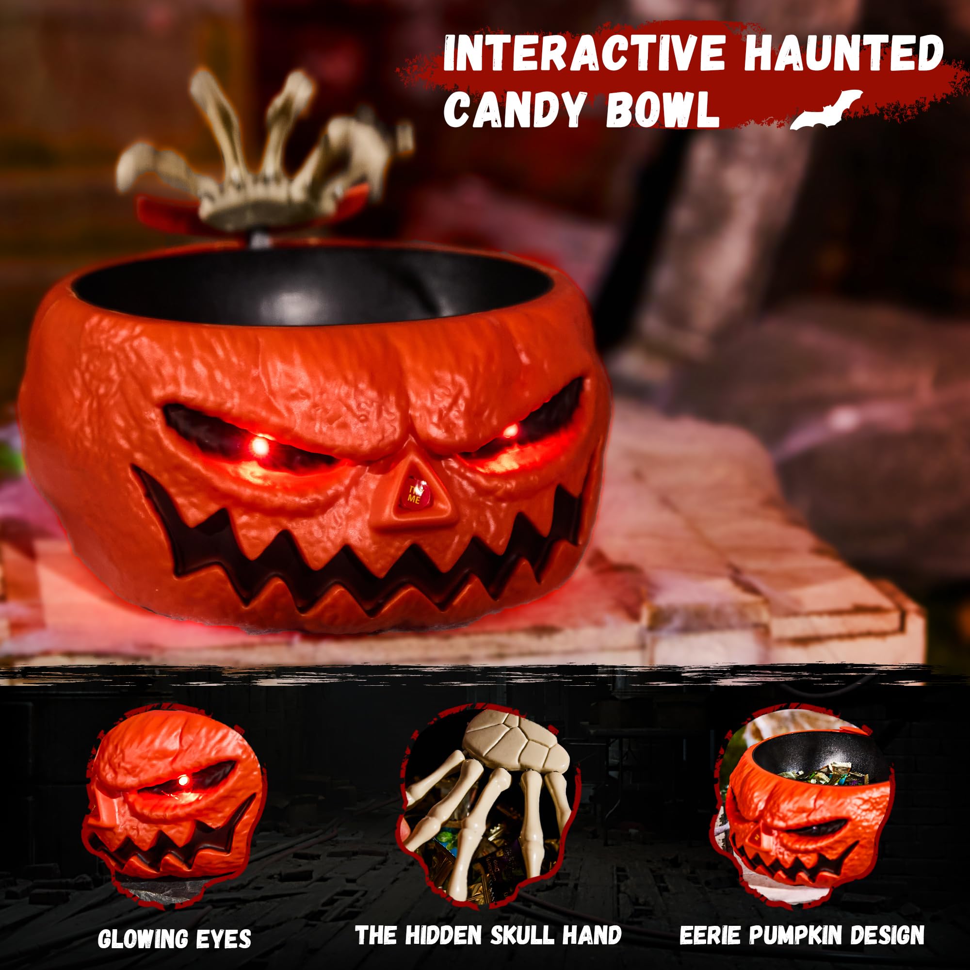 Animatronic Halloween Candy Bowl - Touch Activated Pumpkin Bowl with Creepy Sounds, Moving Skeleton Hand & Glowing Eyes | Scary Halloween Party Decor for Trick-or-Treat, Haunted House & Spooky Home Decoration