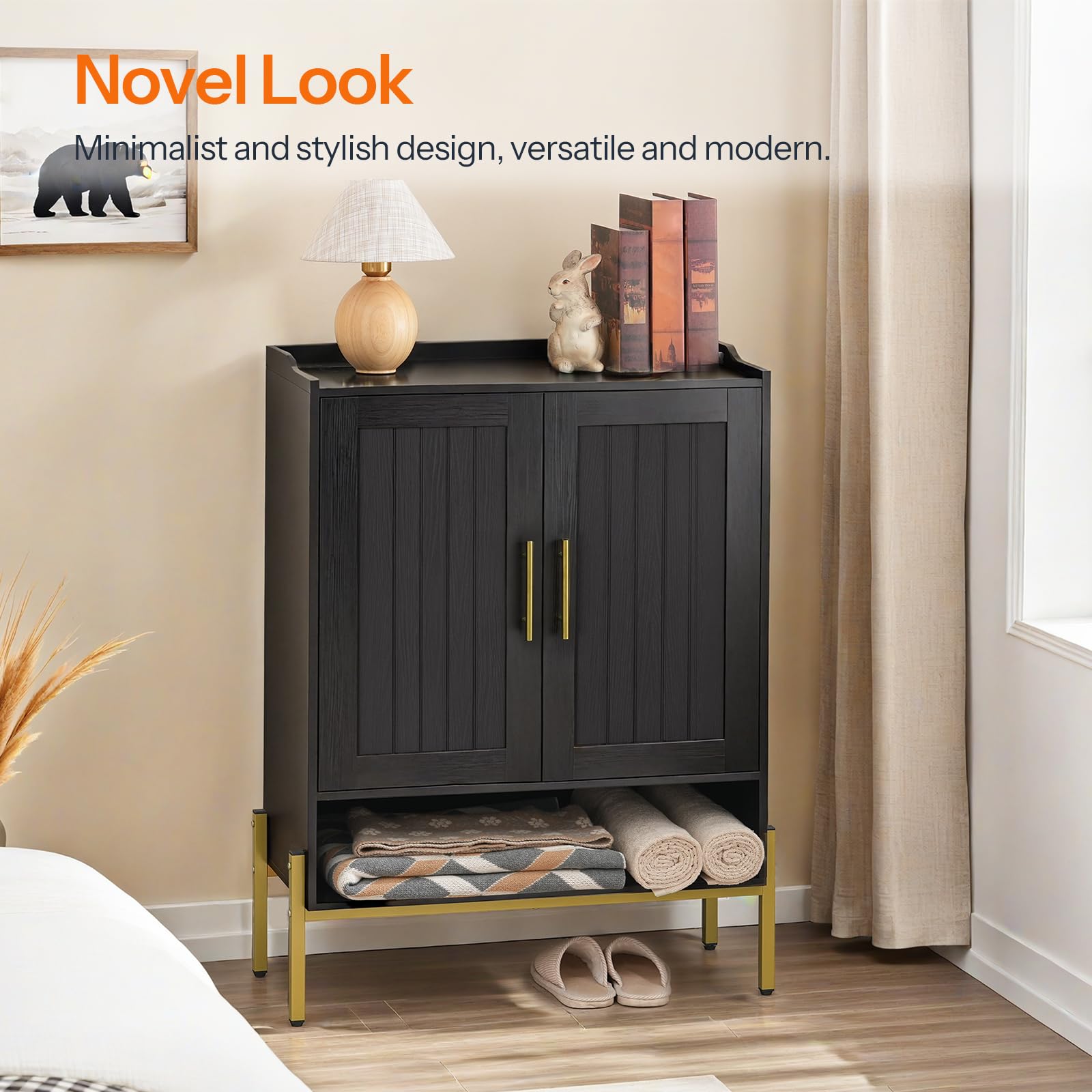 HOOBRO 5-Tier Wooden Shoe Cabinet with Doors - Freestanding Shoe Storage Organizer for Entryway & Hallway, Adjustable Shelves, Gold & Black (DB41SC01) - Perfect for Small Spaces, Apartment Living & Closet Organization