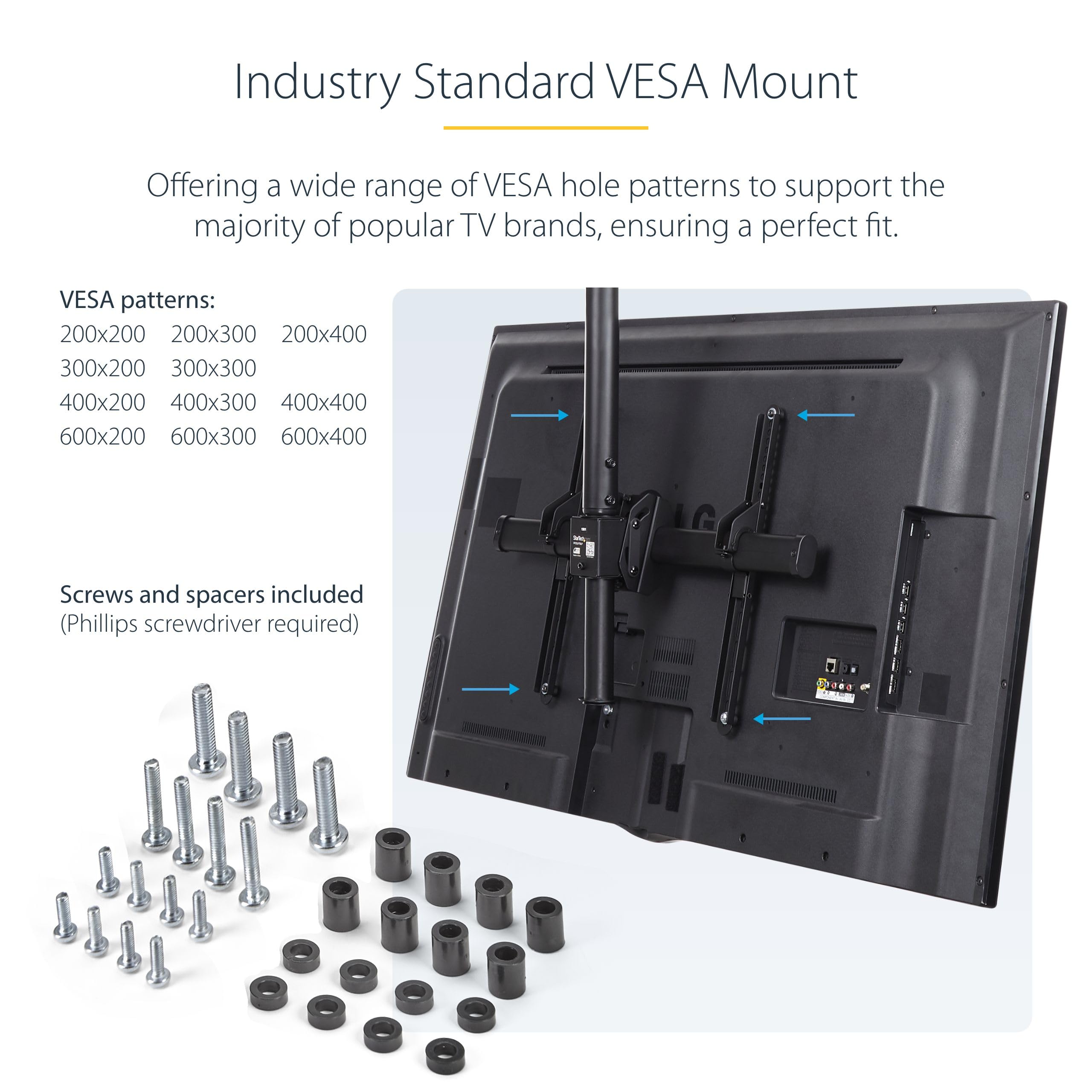 StarTech.com TV Ceiling Mount for 32-75 Inch Screens - Adjustable Height VESA Compatible Hanging Bracket for Flat Panel TVs & Monitors - Perfect for Home Theater, Office, and Commercial Displays