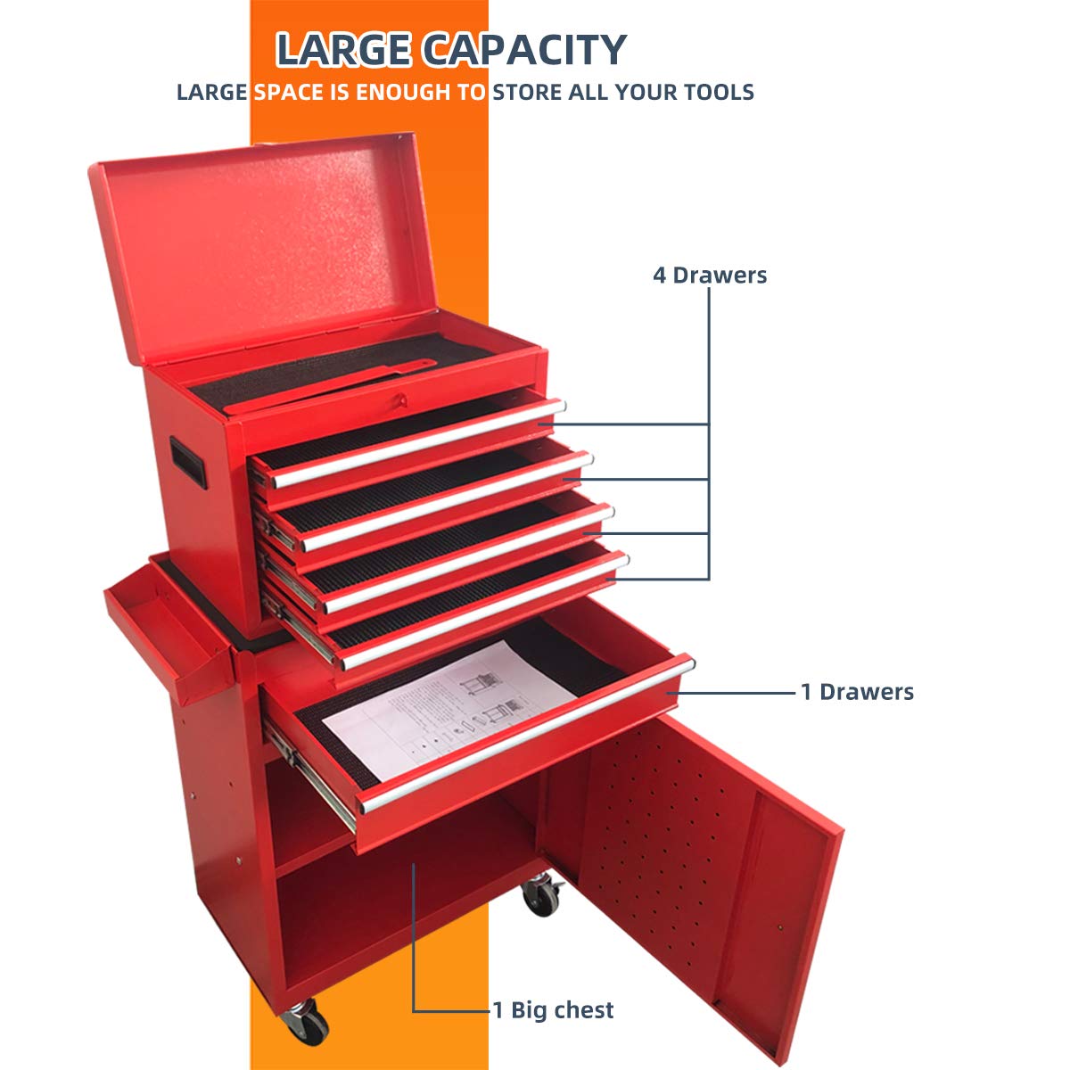 X&T 5-Drawer Rolling Tool Chest Set - Heavy Duty 2-Piece Steel Tool Cabinet Combo with Lockable Drawers & Wheels for Garage, Workshop, Warehouse Organization (Red) | Perfect for Mechanics, DIY Enthusiasts & Professional Tool Storage