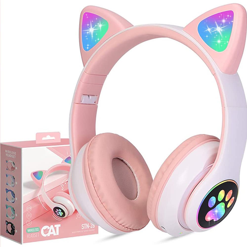 NGNIUS TECH Kids Wireless Headphones with Cat Ears - Built-in Mic, Over-Ear Design for Boys & Girls - Compatible with Gaming, e-Learning, Phone, Tablet & PC - Pink (STN-28) - Perfect for Online Classes, Gaming Sessions & Music Listening