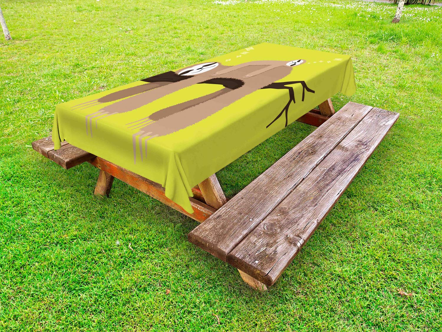Ambesonne Sloth Outdoor Tablecloth - Cartoon Mother Sleeping on Branch with Baby Sloth, Washable Picnic Table Cover 58x84 Inches, Cocoa Apple Green - Perfect for Family Picnics, Backyard BBQs & Outdoor Dining Decor