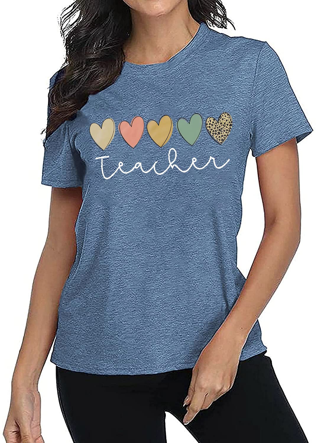 Women's Cute Hearts Graphic Teacher T-Shirt - Boho Style Short Sleeve Casual Summer Top for Educators | Perfect for Classroom, Teacher Appreciation Week & Back to School Outfits