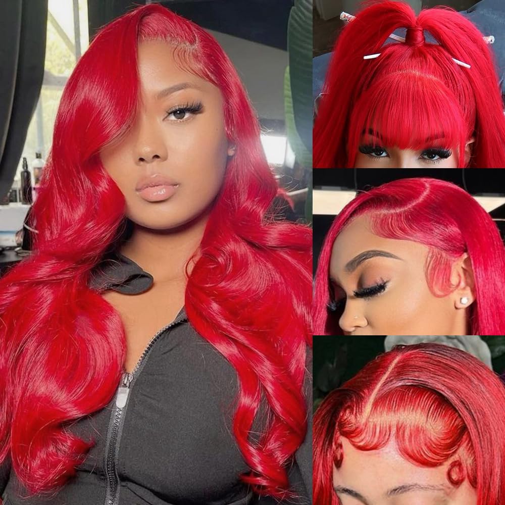 13x4 HD Transparent Lace Front Human Hair Wig - 200% Density Body Wave Red Colored Wig with Pre-Plucked Baby Hair (28 Inch) | Perfect for Cosplay, Halloween, Parties & Daily Fashion Styling