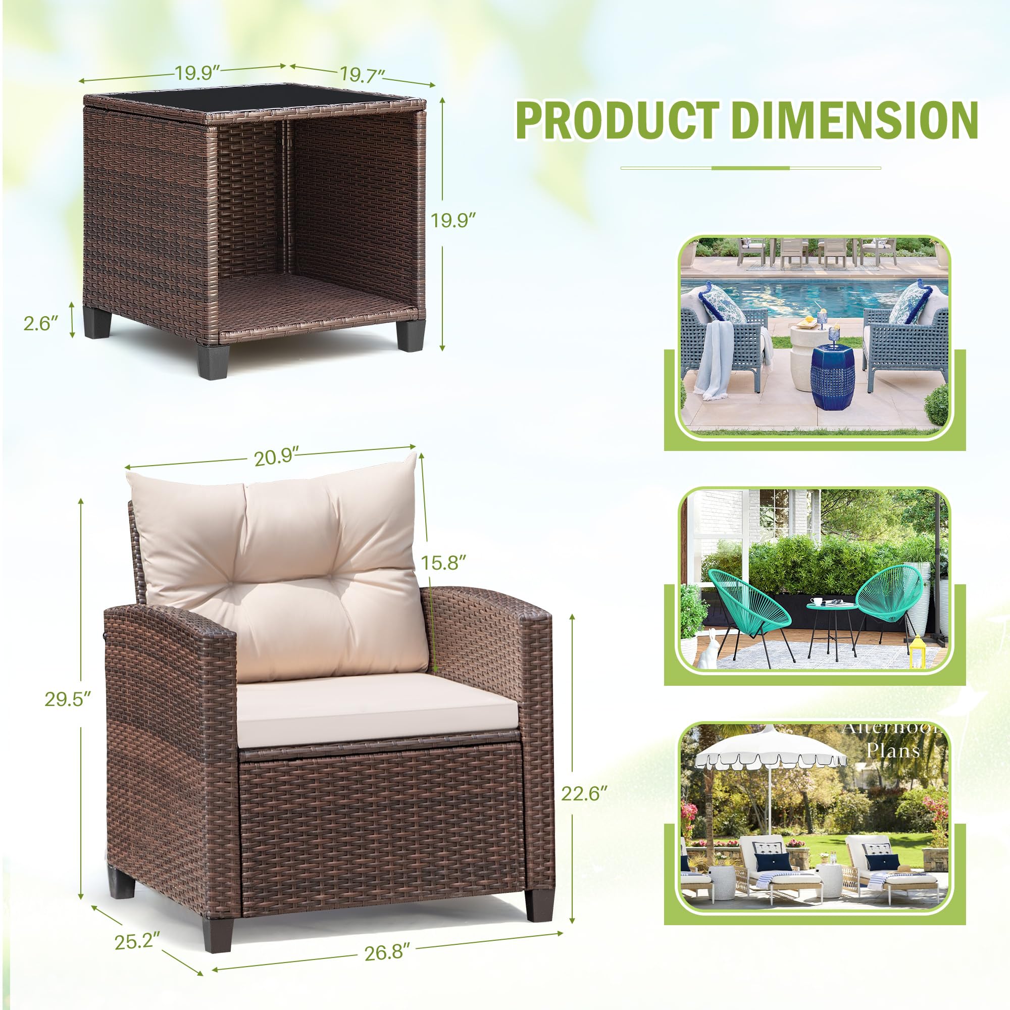 Devoko 3-Piece PE Rattan Wicker Patio Furniture Set with 2 Outdoor Chairs & Table - Durable Garden, Poolside, Balcony, Porch Furniture for Relaxing & Entertaining