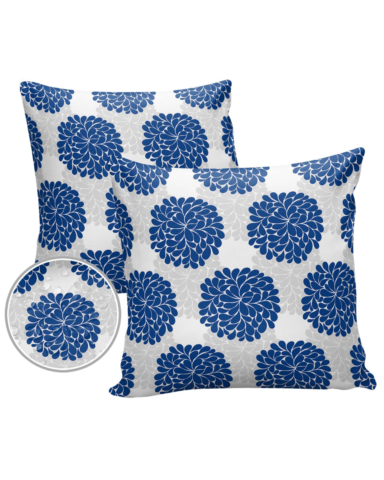 Waterproof Outdoor Throw Pillow Covers Set of 2 - 24x24 Inch Blue Grey Hydrangea Floral Lumbar Pillowcases for Patio Furniture, Couch, Garden Decor | Weather-Resistant & UV Protected for Porch, Deck, Poolside Use