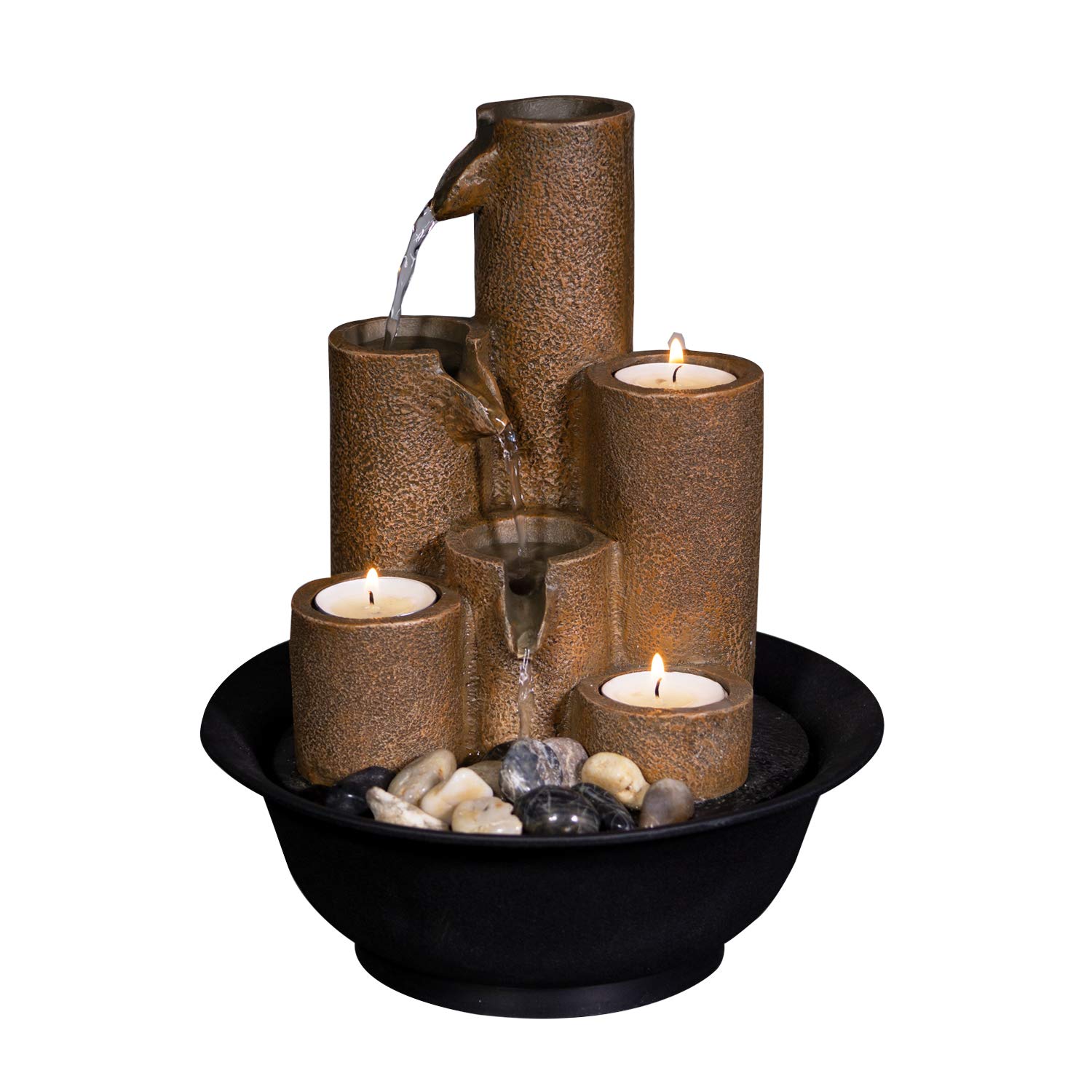 Alpine Corporation 3-Tier Barrel Waterfall Fountain with LED Candles - Indoor/Outdoor Tabletop Water Feature for Home, Garden, and Office Decor