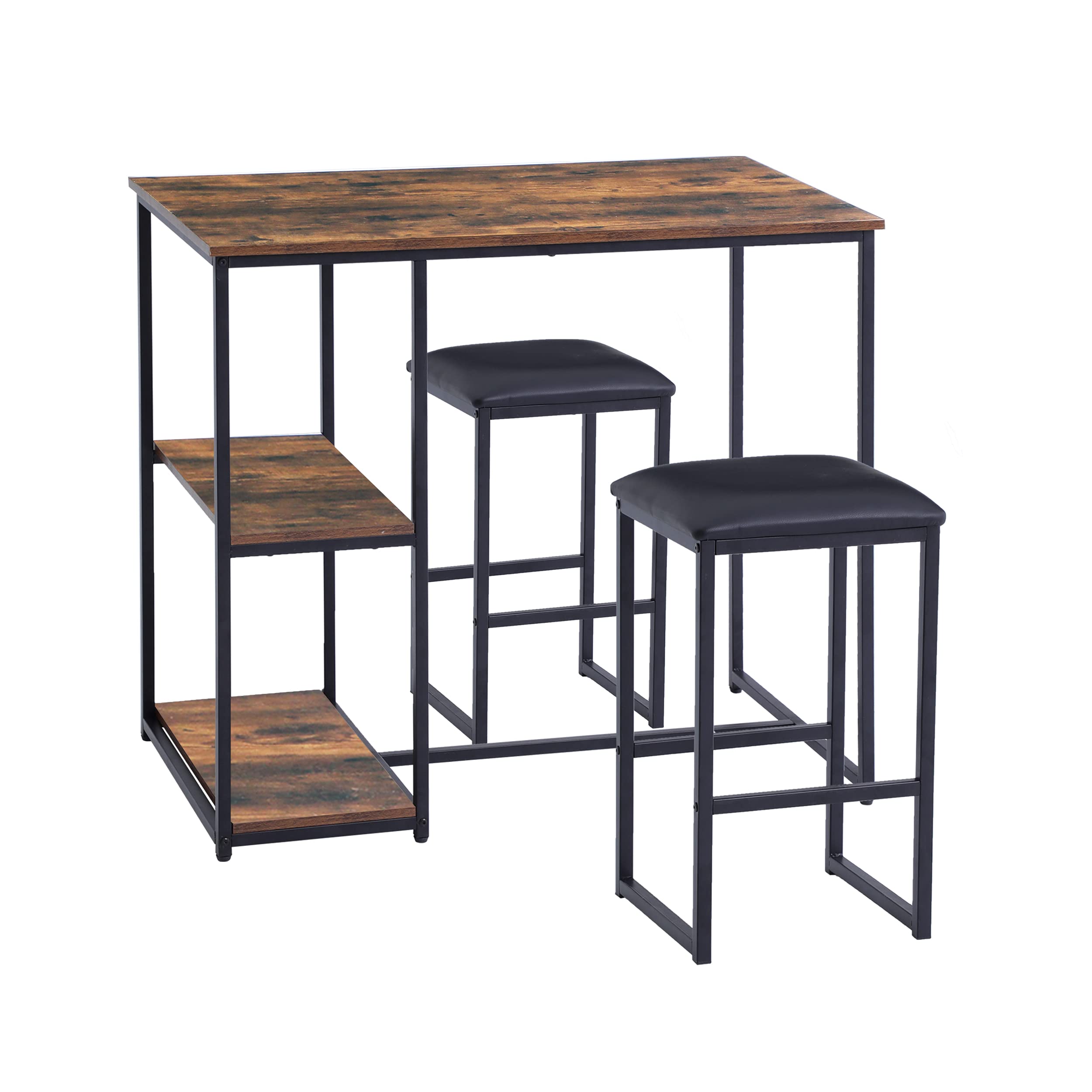 OGMILL Industrial Bar Table Dining Set for 2 with Stools & Storage Shelves - Steel Frame, Brown - Perfect for Small Spaces, Kitchen Nooks & Modern Home Decor