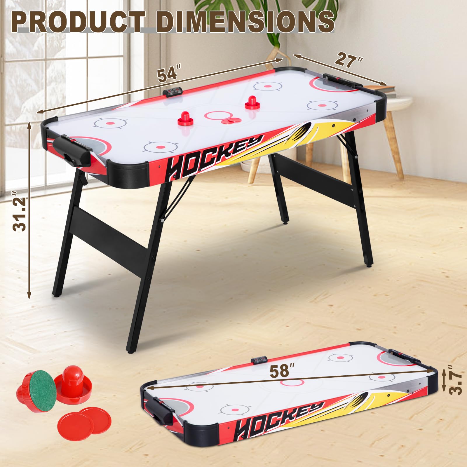 58in Foldable Air Hockey Table with Strong Motor & LED Scoreboard - 2 Pucks & 2 Pushers Included - No Assembly Required (Red & Yellow) - Perfect for Family Game Nights, Kids Parties & Indoor Entertainment
