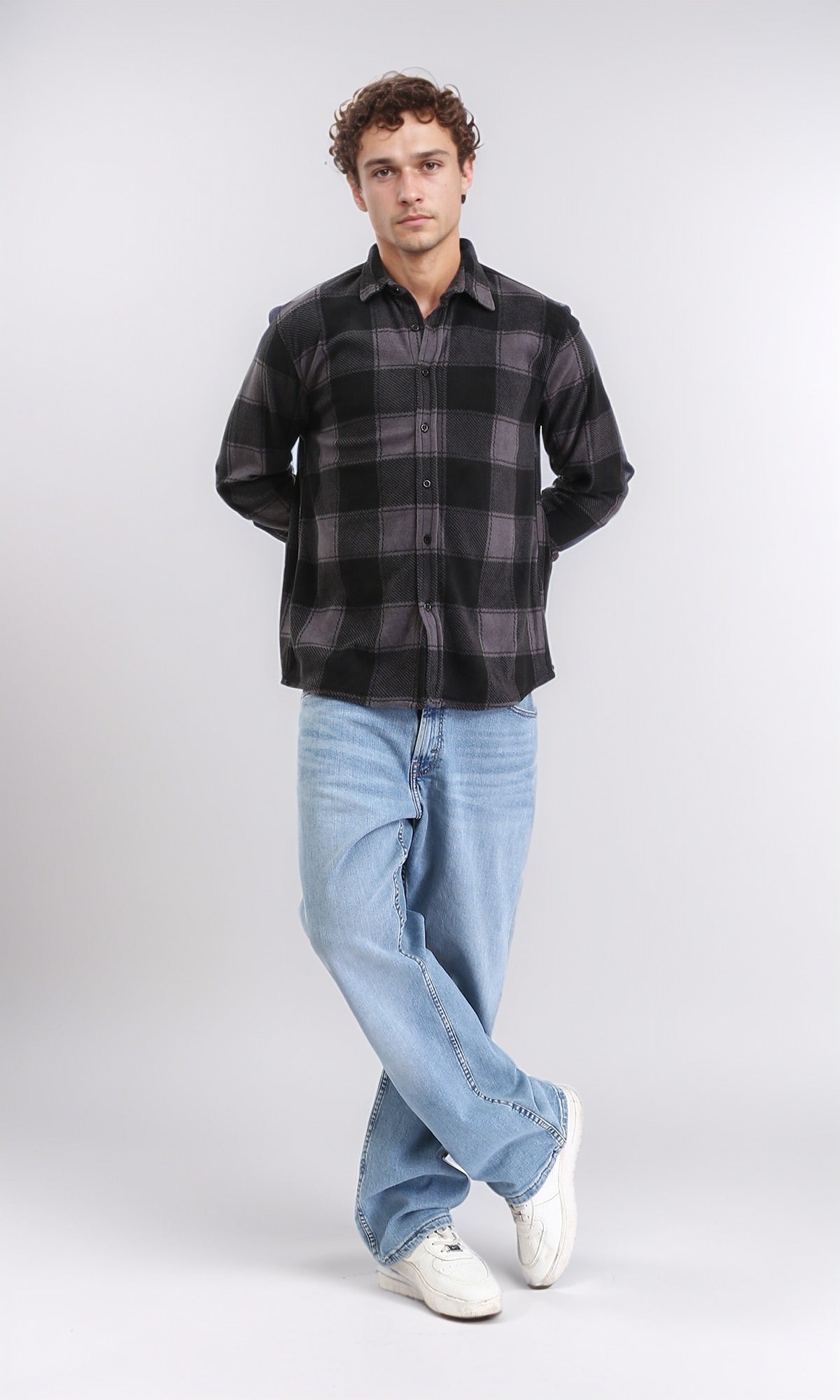 Classic Tartan Collar Shirt for Men - Black & Grey Plaid Flannel - Perfect for Casual Wear, Office & Outdoor Activities