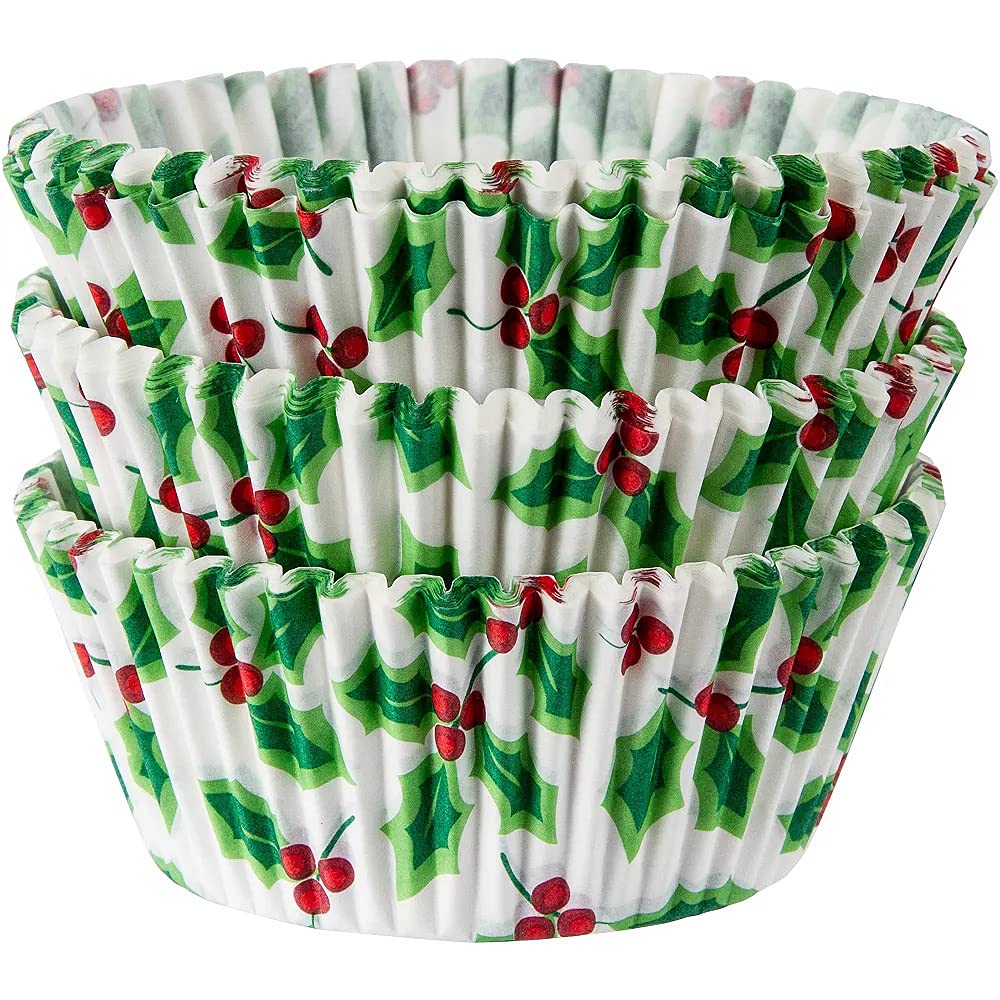 Amscan Christmas Standard Holly Baking Cups, 2 Inch, 75 Count - Perfect for Holiday Cupcakes, Cookies, and Party Desserts