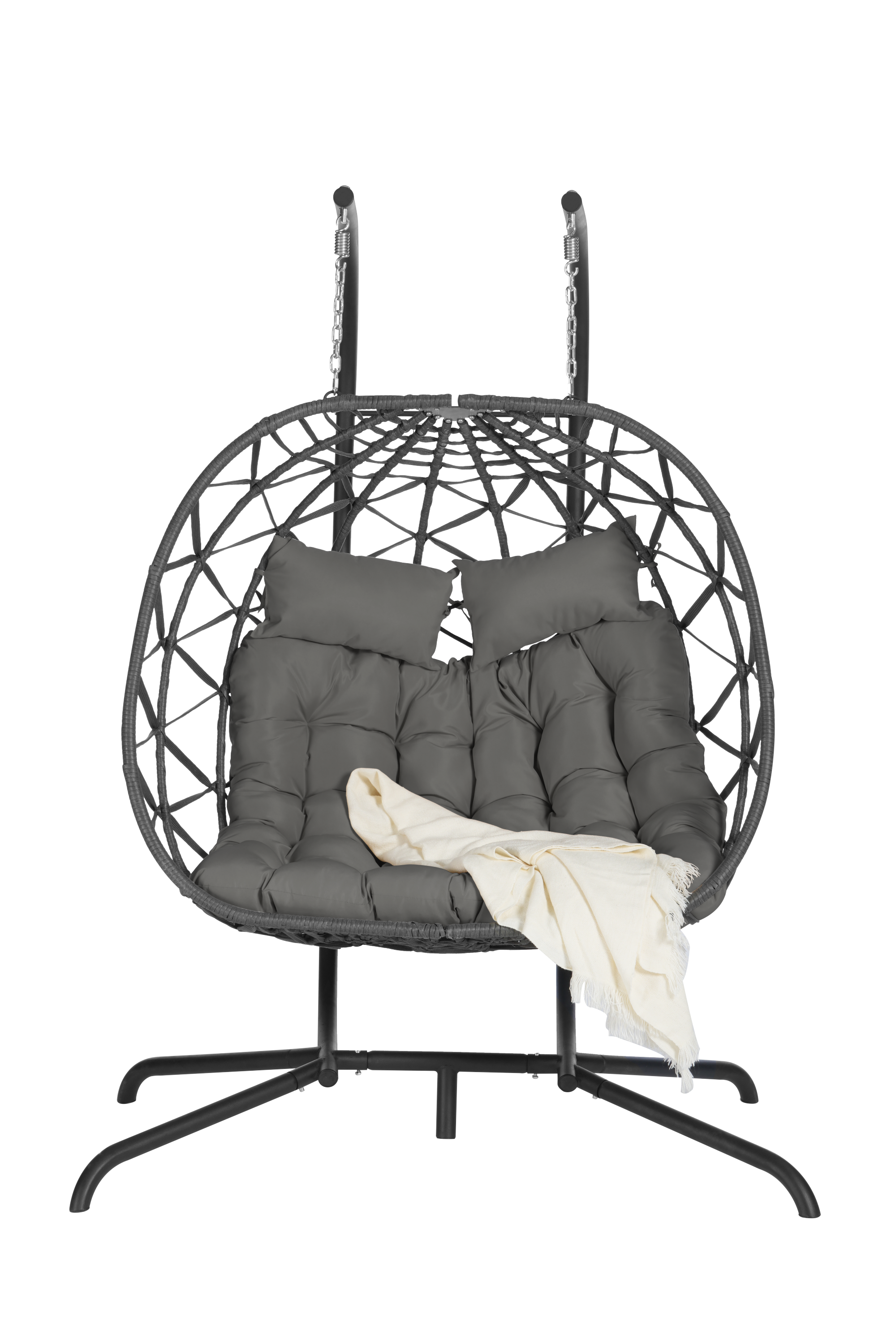 Double Egg Chair with Stand - Hanging Indoor/Outdoor Wicker Rattan Swing Chair with UV-Resistant Cushions (600 lbs Capacity) - Perfect for Bedroom, Balcony, Patio & Garden Relaxation
