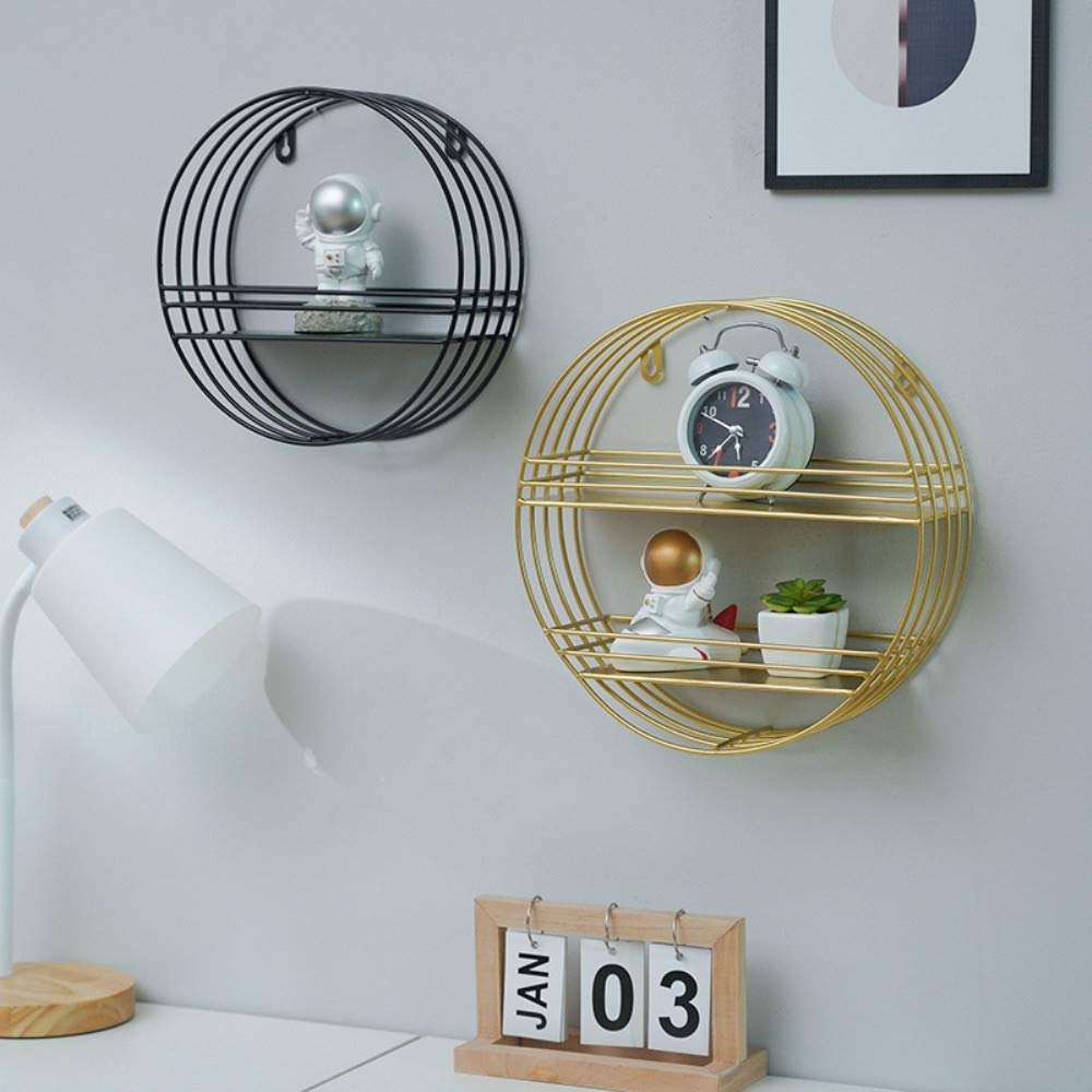 Floating Wall Shelves - Decorative Iron Wall Mounted Storage Rack for Living Room, Bedroom, Kitchen & Bathroom | Single Layer Gold Wooden Shelf | Space-Saving Home Organization Solution for Books, Plants & Decor