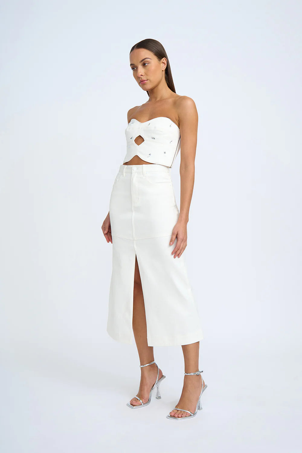 Denim Panel Midi Skirt in Ivory - Stylish & Comfortable Women's Skirt for Casual Outings & Office Wear