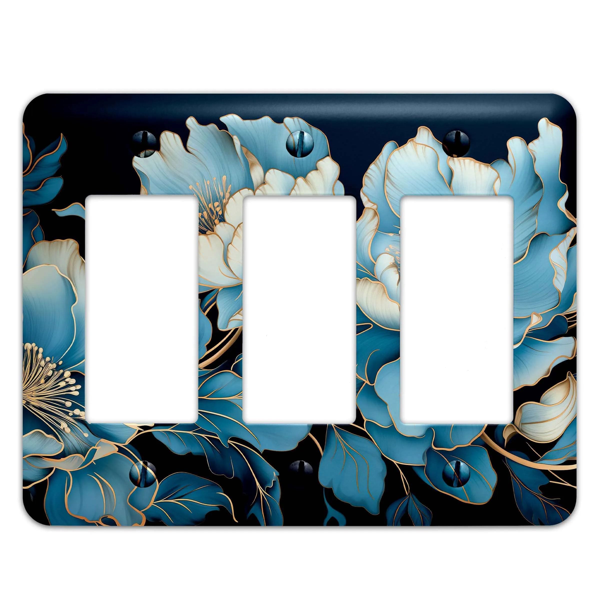 Blue Floral with Gold Accents Metal Light Switch Plate Cover - Decorative Single Rocker Wall Plate - Various Sizes Available #4762 - Perfect for Bedroom, Living Room & Home Decor