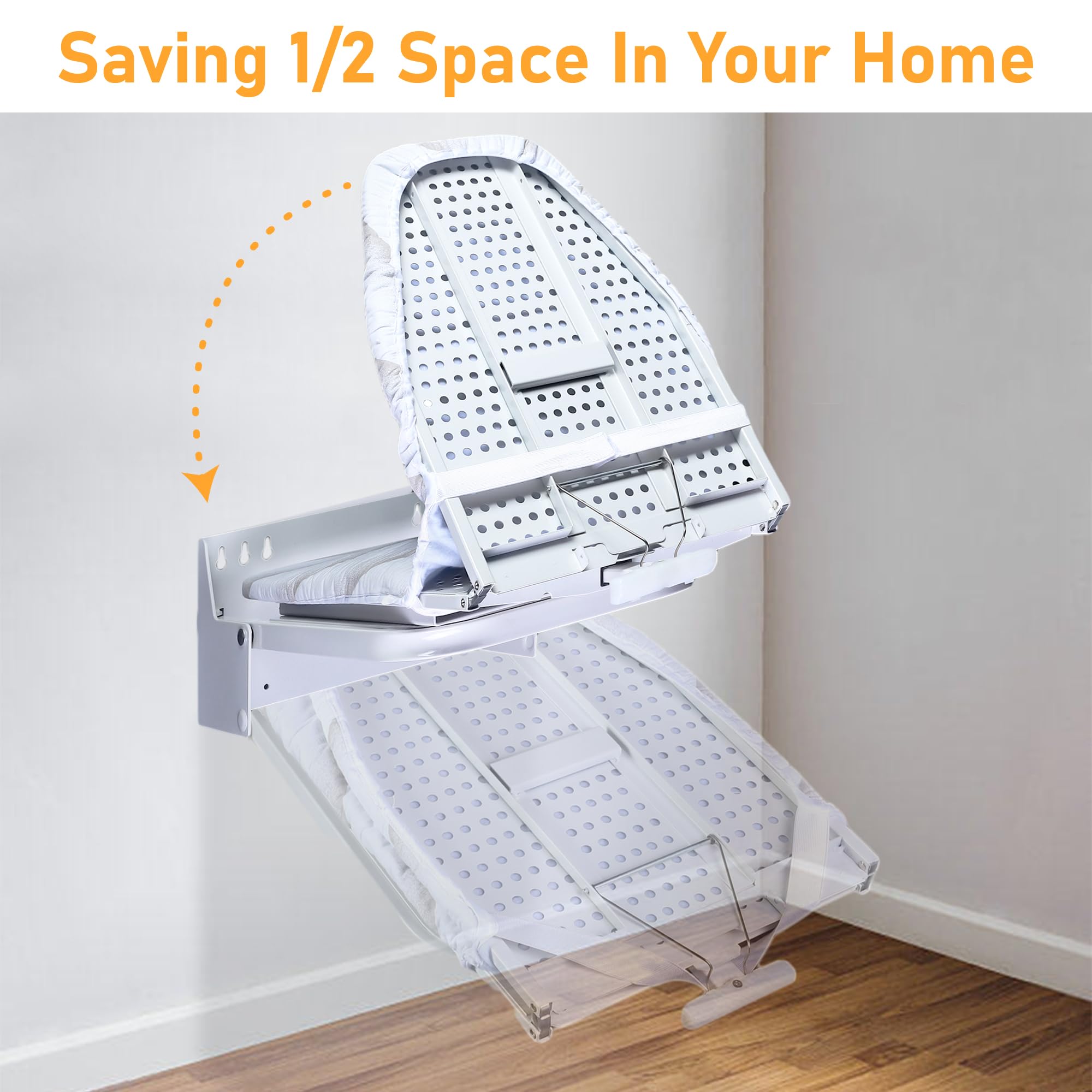 MYOYAY 13 x 37 Inch Wall Mounted Foldable Ironing Board - 180° Swivel Space-Saving Design with Heat Resistant Cover - Perfect for Small Apartments, Laundry Rooms & Home Use - White