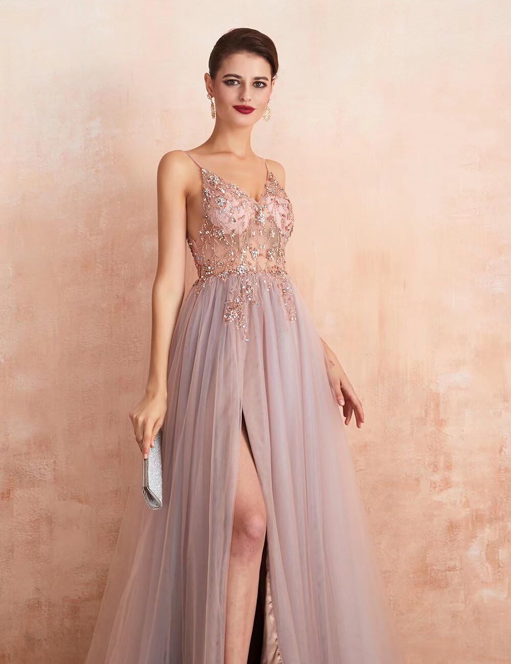 2024 Beaded Prom Dresses for Women - Sexy Long V-Neck Tulle Evening Gown with Crystal Embellishments & High Slit | Perfect for Homecoming, Formal Parties & Special Occasions