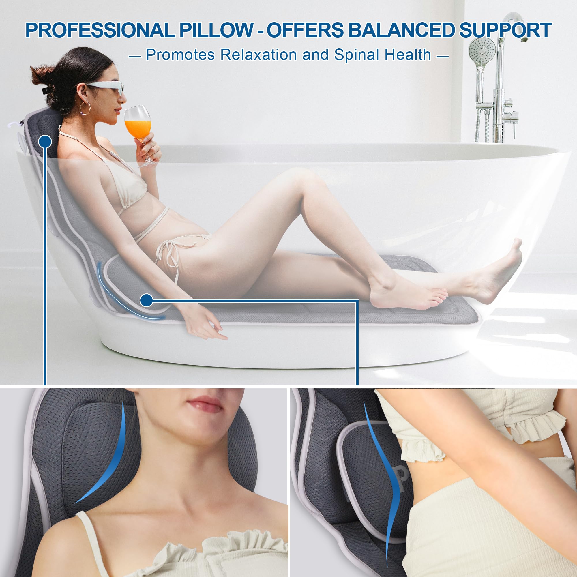 Premium Full Body Bath Pillow for Bathtub - Extra Large Spa Cushion with Lumbar Support, Non-Slip Bathtub Mat for Ultimate Relaxation & Safety - Perfect Spa Gift for Women & Men (Gray) - Ideal for Bubble Baths, Hydrotherapy & Home Spa Days