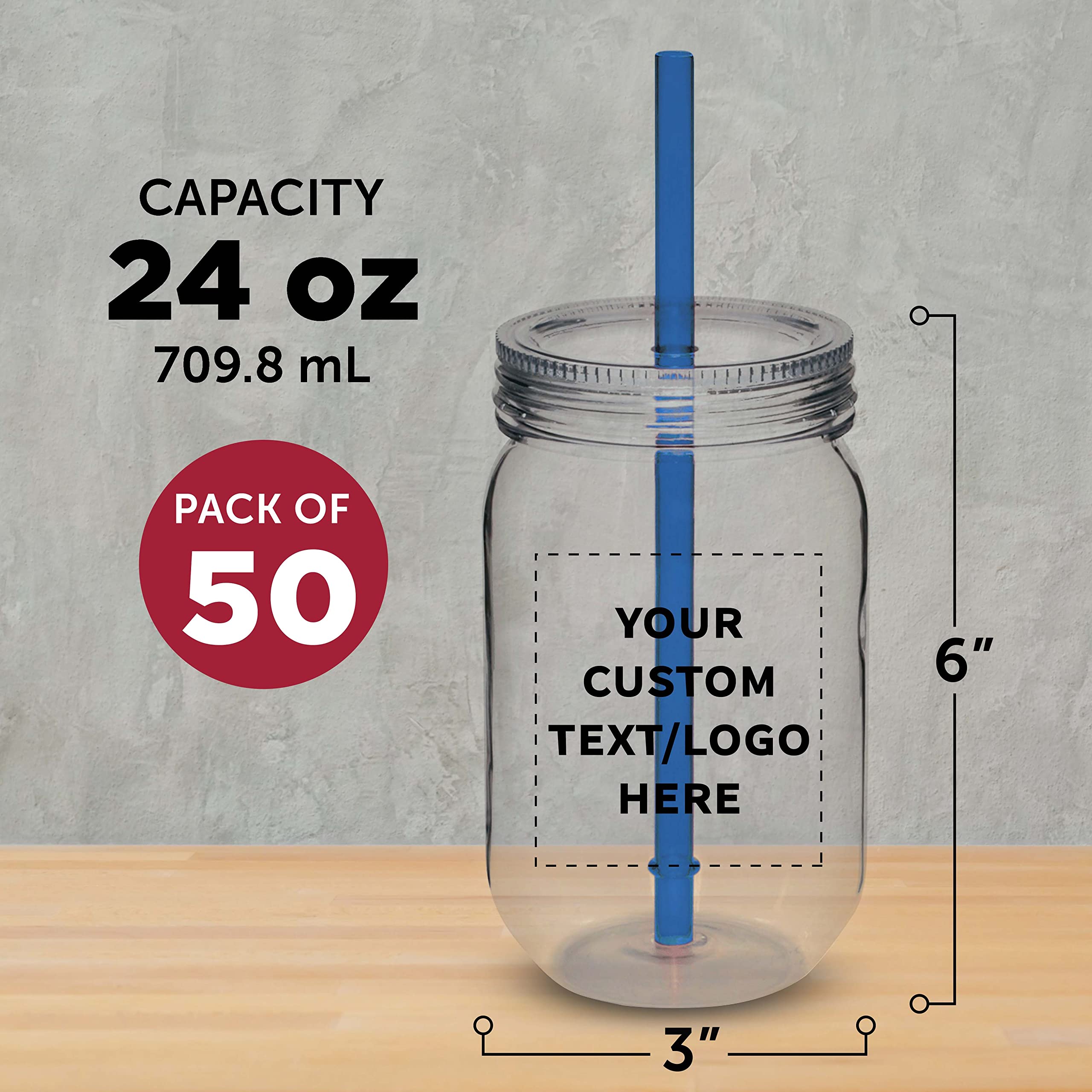 Custom 24 oz Plastic Mason Jars with Straws - Bulk Pack of 50 Personalized Jars for Overnight Oats, Candies, Pickles & Beverages | Perfect for Meal Prep, Party Favors & DIY Storage - Blue