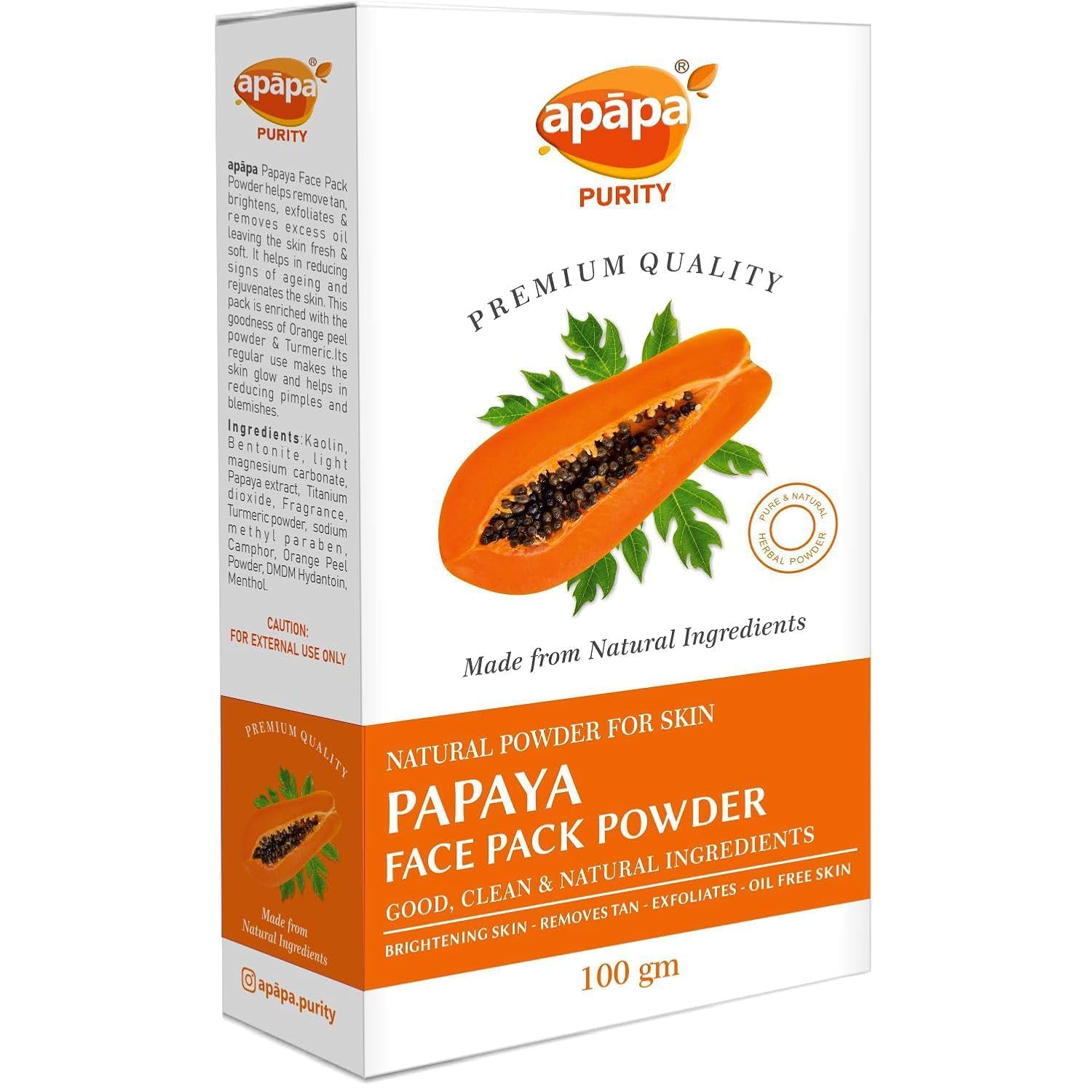 Apāpa Papaya Face Pack Powder for Oil-Free Skin, Tan Removal & Brightening - Natural Exfoliation, Clear & Nourish Skin - Pure & Vegan (100g, Pack of 2) | Perfect for Glowing Skin & Summer Tan Care