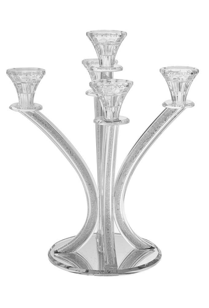 Judaica Place 6-Branch Crystal Candelabra with Crushed Stone Stems & Round Base - 19 Inch Elegant Shabbat Candle Holder for Jewish Holidays, Wedding Centerpiece, and Home Decor