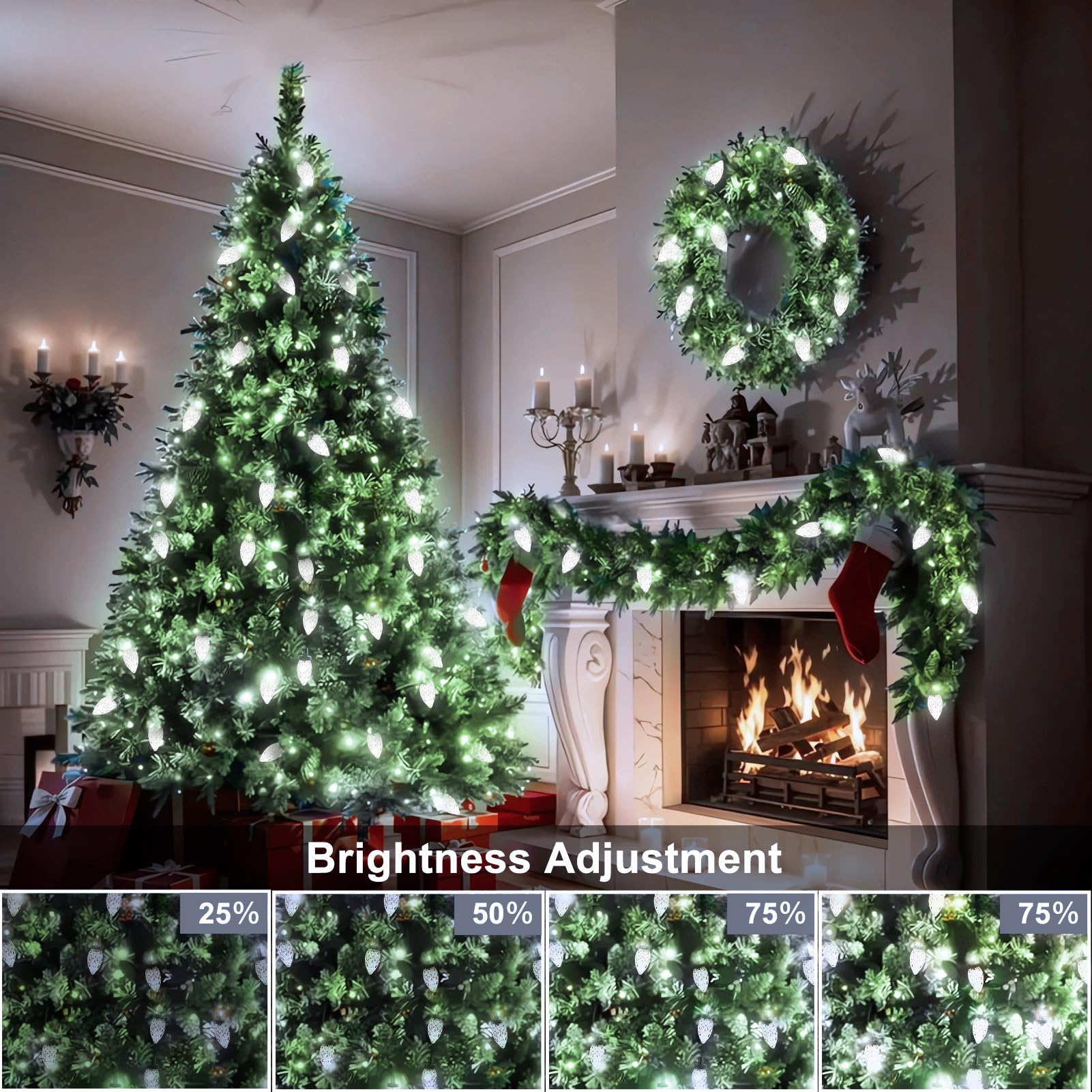 C9 Christmas Lights 66ft 100 LED Strawberry String Lights - Waterproof Outdoor Christmas Decor for Roof, Eaves, Garden & Yard - UL Certified Green Wire with Cool White LEDs - Perfect for Holiday, Wedding & Party Decorations