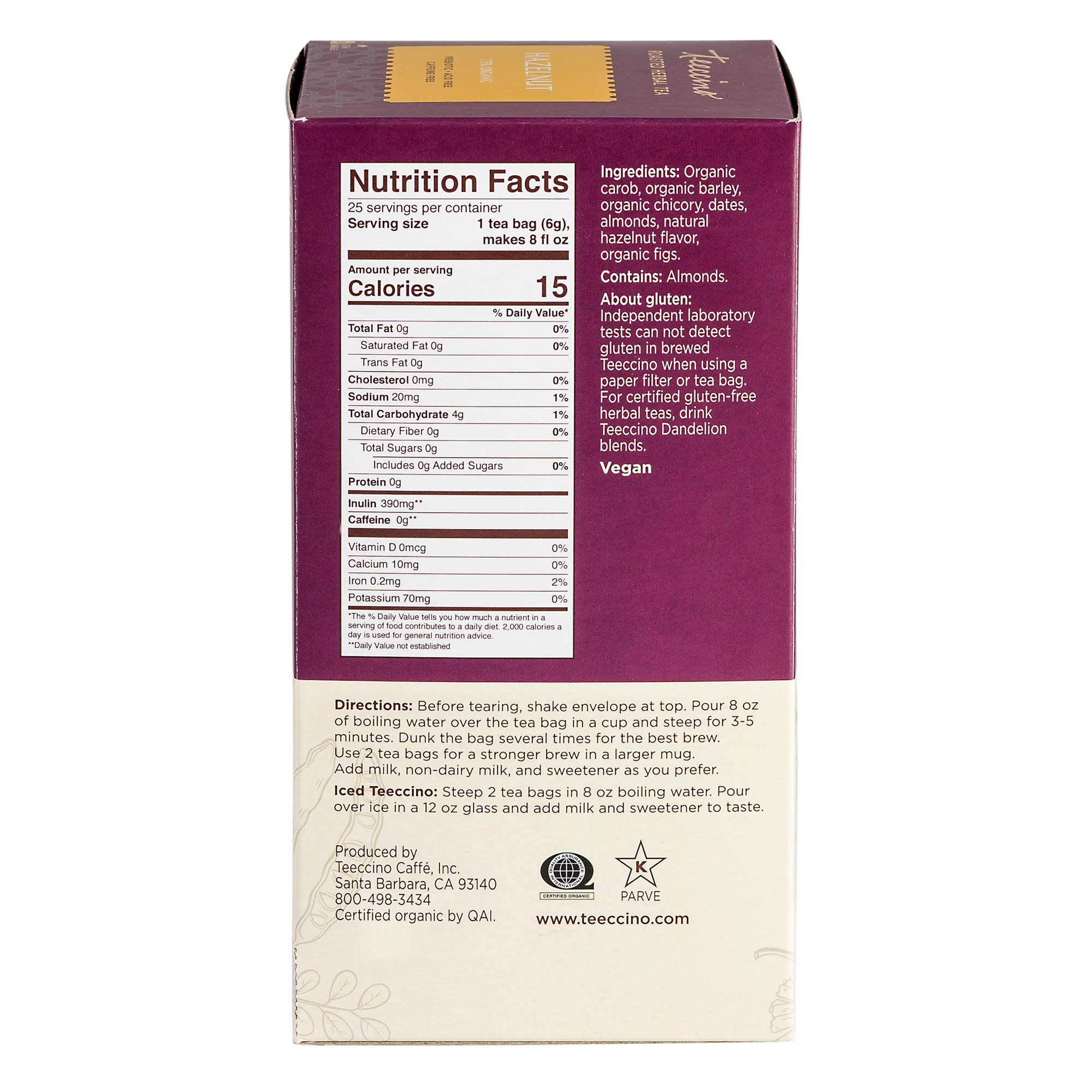 Organic Hazelnut Herbal Tea Bags - Caffeine Free, Prebiotic, Rich Roasted Flavor for Natural Energy Boost - 25 Count - Perfect for Morning Brews & Relaxing Evenings