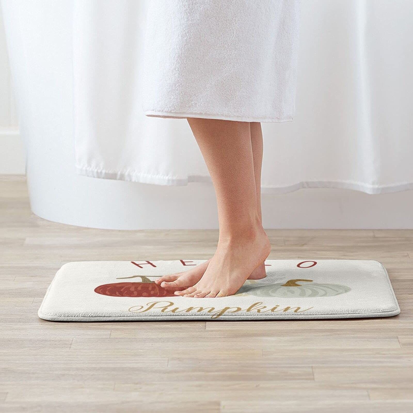 Soft Plush Hello Fall Pumpkin Bath Mat - Non-Slip Absorbent Bathroom Rug, Washable Shower Carpet for Bathroom Floor & Kitchen Sink - Cozy Autumn Decor for Bath, Shower, and Home Decor