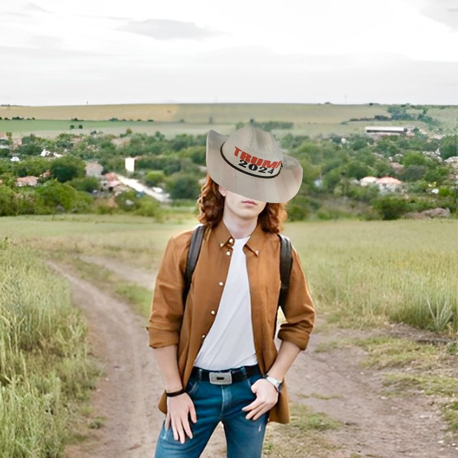 Trump 2024 American Flag Cowboy Hat for Men & Women - Wide Brim Straw Western Hat with Belt Buckle - Sun Protection Outdoor Hat for Rodeo, Ranchers, Country Music Festivals & Patriotic Events