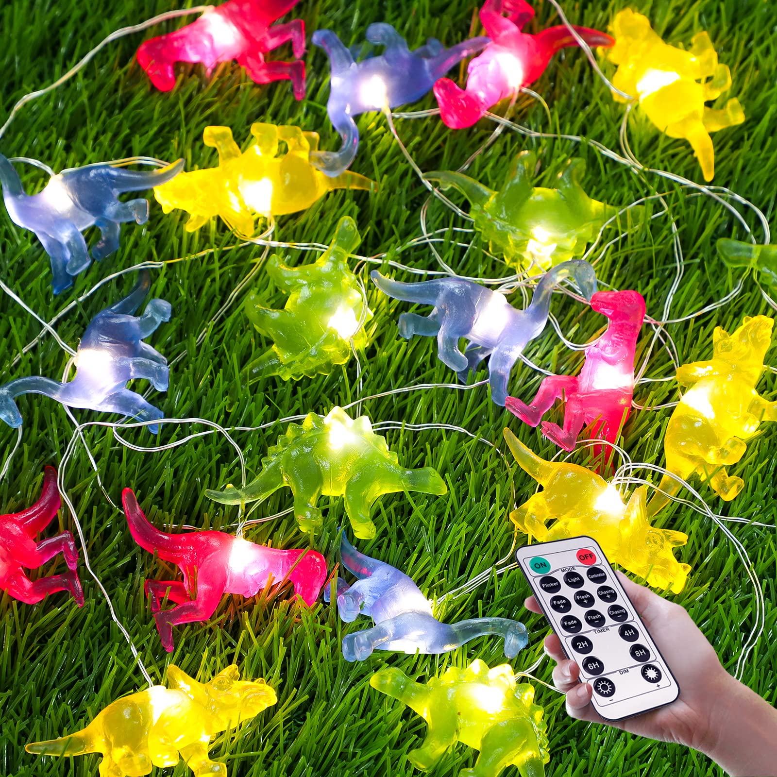 Dinosaur String Lights with Remote & Timer - 20 LED 10FT Battery Operated Dino Fairy Lights for Kids Room Decor, Boys Birthday Party & Holiday Decorations | Perfect for Nursery, Bedroom, Christmas Tree, Halloween, Outdoor Patio