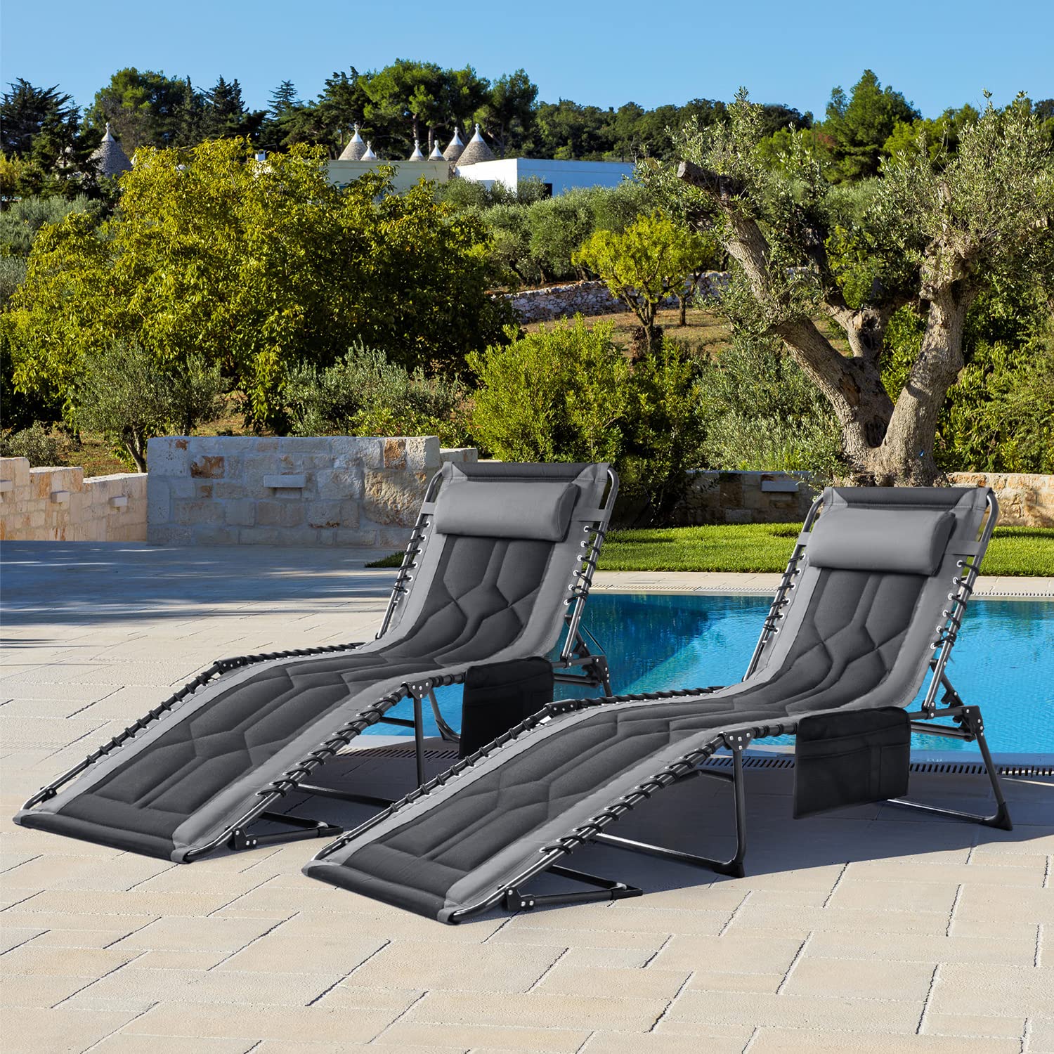 Flamaker Folding Chaise Lounge Chair - 4-Position Adjustable Outdoor Recliner with Pillow & Side Bag - Lightweight Portable Camping Chair for Pool, Beach, Deck, Patio, Backyard & Sunbathing (Grey)