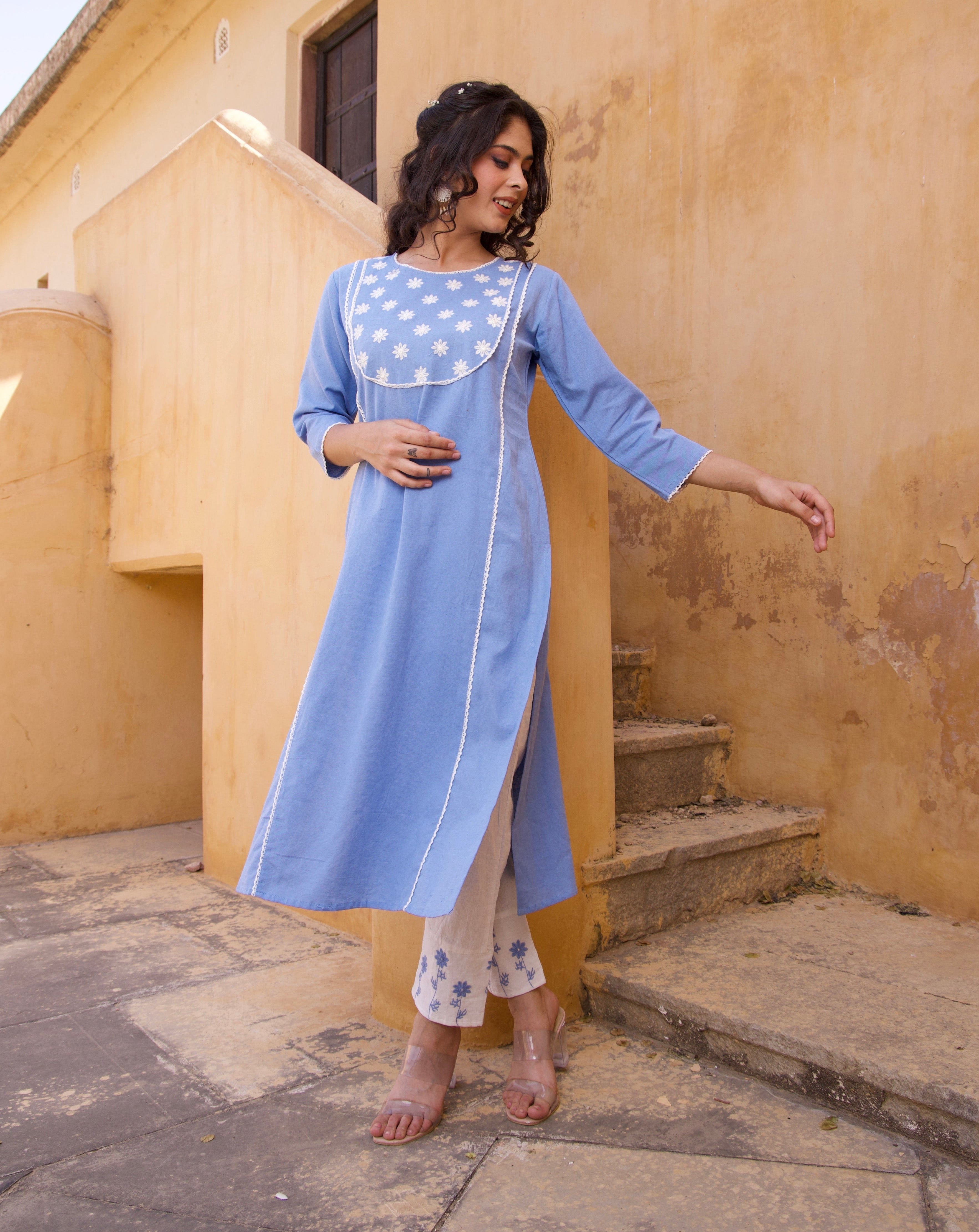 Stylish Sky Blue Floral Kurta Set for Women | Traditional Indian Ethnic Wear | Perfect for Festivals, Weddings & Casual Outings