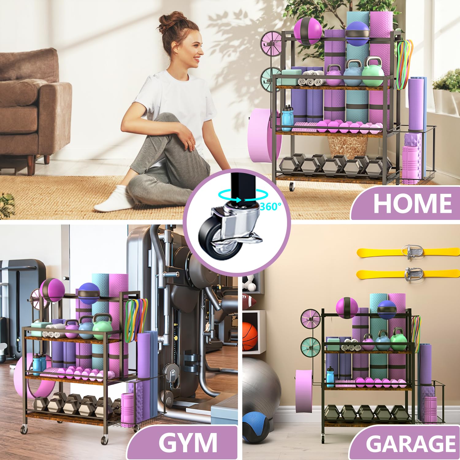 **EasyCom Heavy-Duty Home Gym Storage Rack – Large Capacity Organizer for Dumbbells, Kettlebells, Foam Rollers, Yoga Mats & Resistance Bands – Workout Equipment Storage with Hooks & Wheels – Perfect for Garage, Basement & Home Gym Organization**