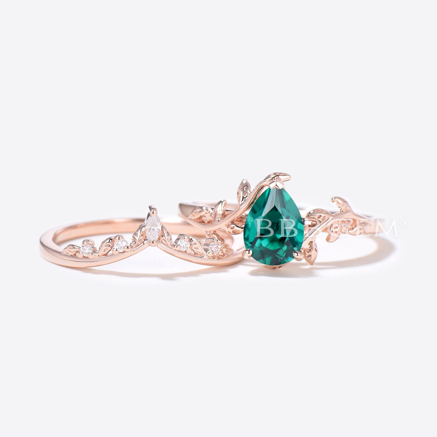 Emerald Teardrop Engagement Ring Set - Vintage Branch Leaf Design for Women - Perfect for Weddings, Anniversaries & Romantic Gifts