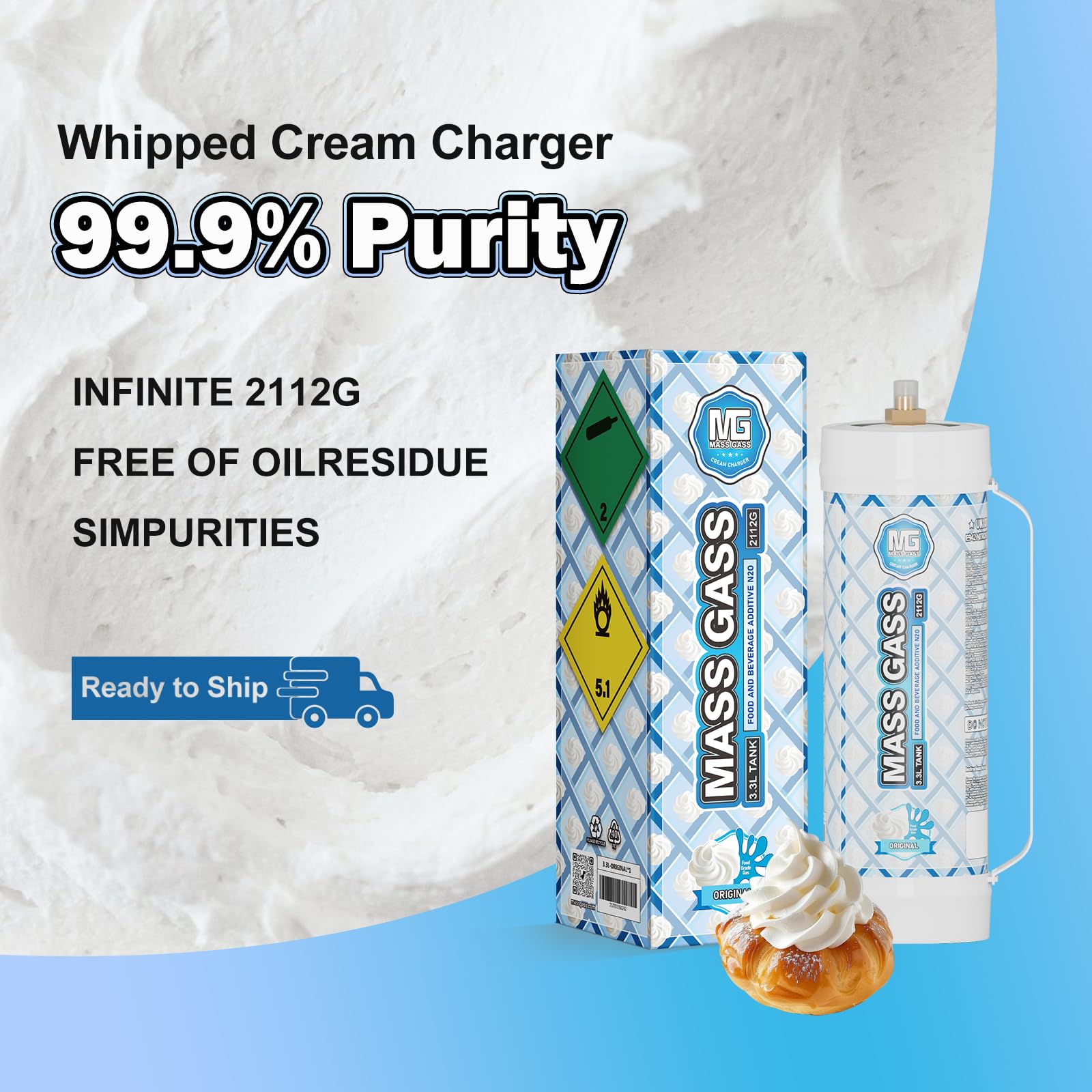 Premium Whipped Cream Chargers - 2 Pack of 3.3L Unflavored Food Grade N2O Cylinders (99.99% Pure, 2112g) for Professional Desserts, Coffee Toppings & Home Baking