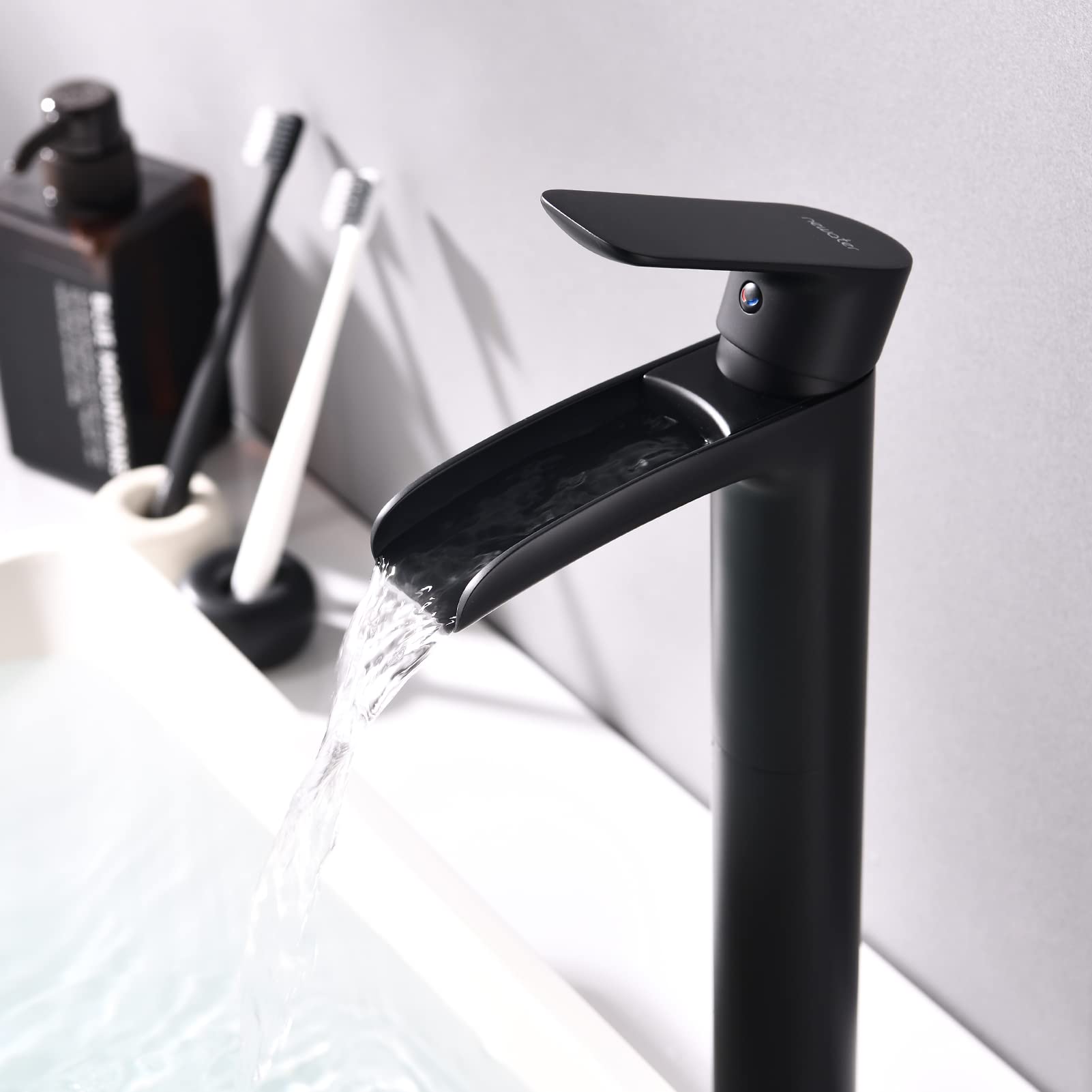 NEWATER Matte Black Vessel Sink Faucet - Tall Brass Waterfall Spout, Single Hole One Handle Bathroom Faucet with Supply Lines - Perfect for Modern Bathroom Vanity, Spa, and Commercial Restroom Sinks