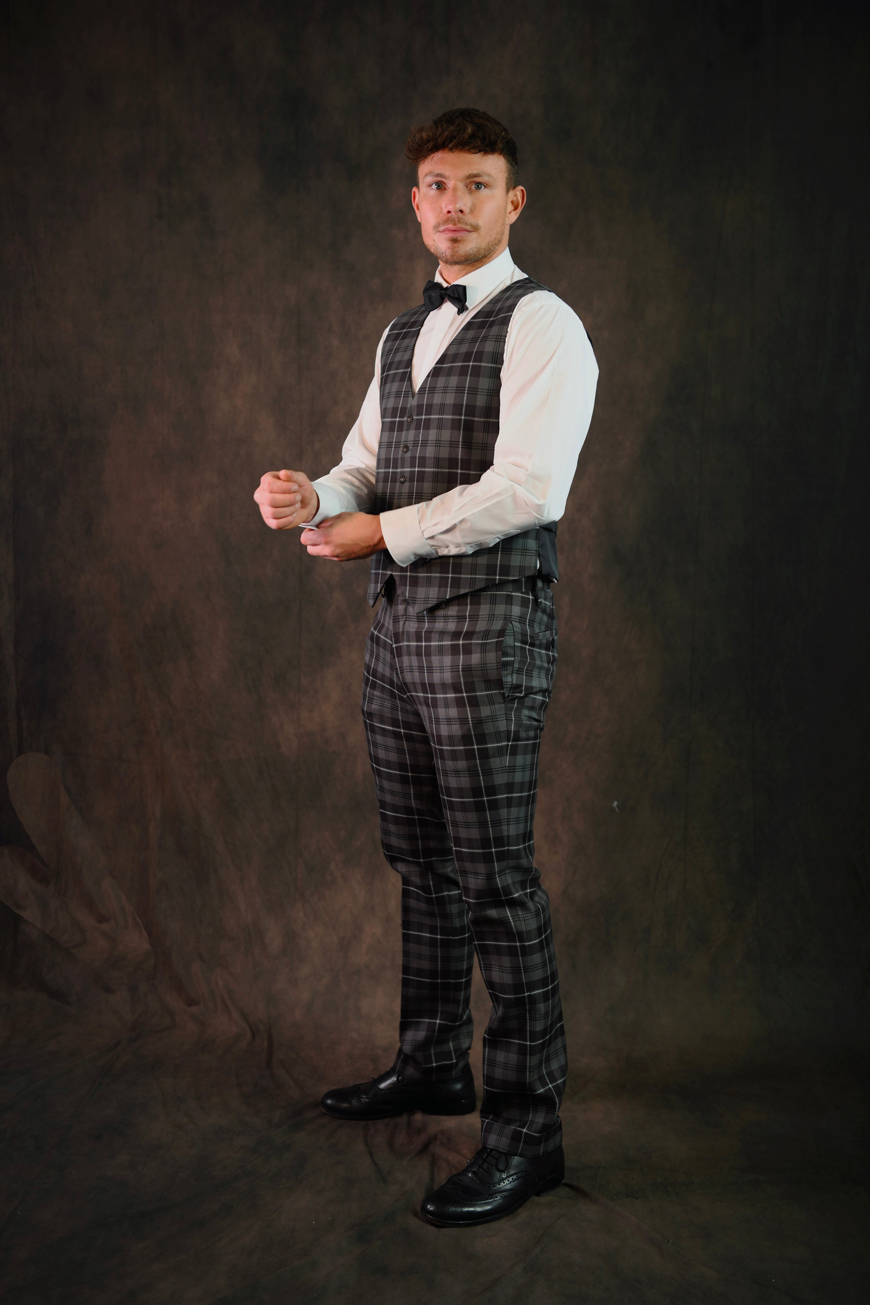 Stylish Grey Granite Tartan Pants and Waistcoat Set for Men - Perfect for Weddings, Parties & Formal Events