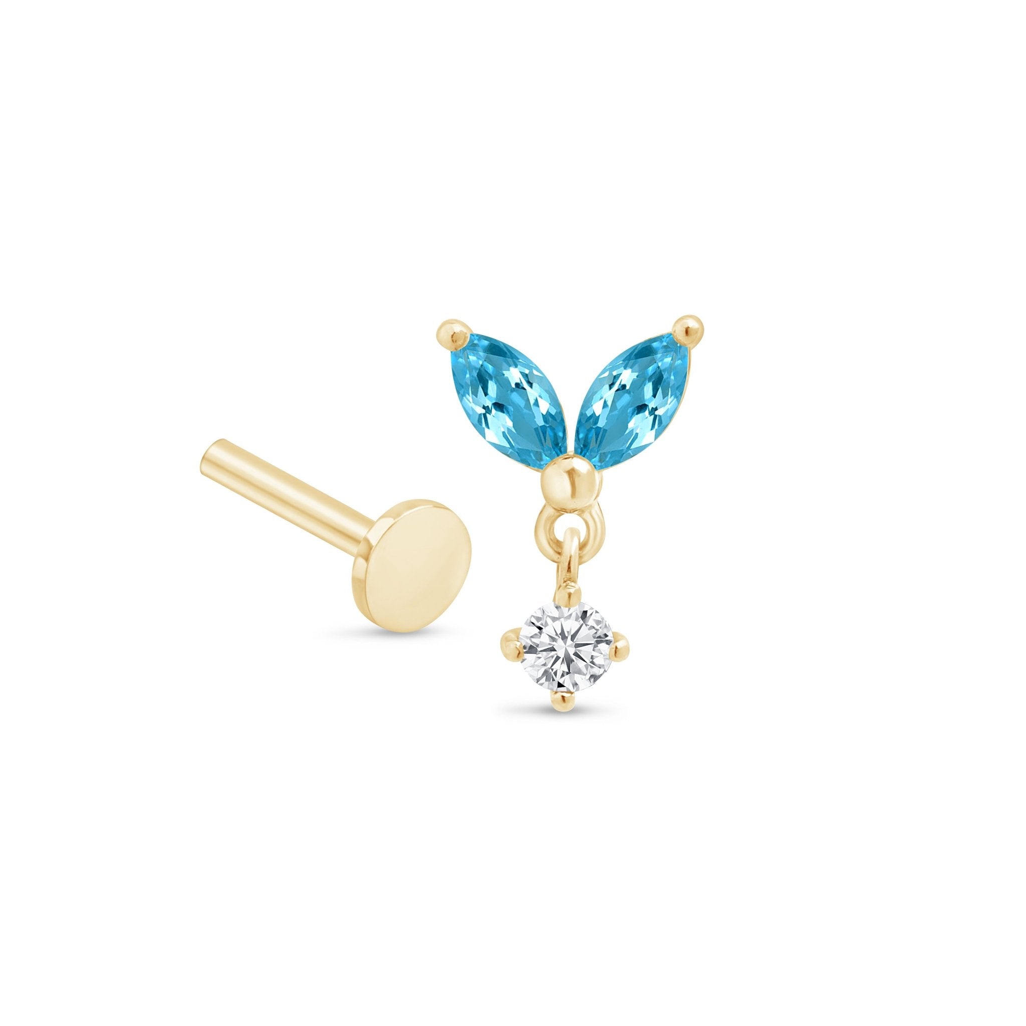 14K Yellow Gold Blue Topaz Double Marquise Drop Stud Earrings – Elegant Flat Back Design for Women, Perfect for Weddings, Parties & Everyday Wear