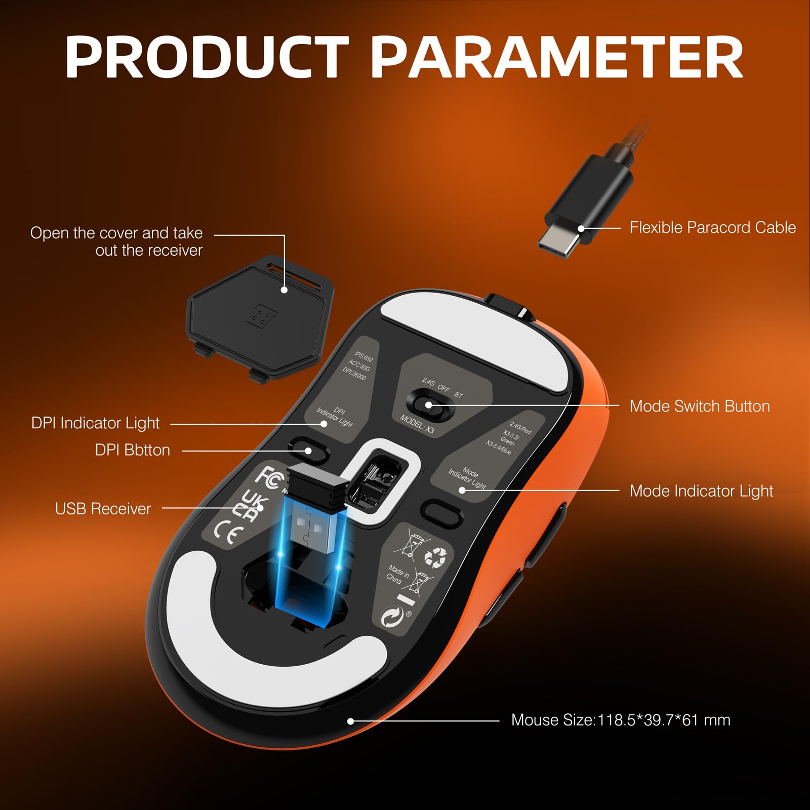 ATTACK SHARK X3 Wireless Gaming Mouse - 49g Lightweight Ergonomic Design, PAW3395 Sensor with 26K DPI, 200-Hour Battery, Triple Mode Connectivity, 7 Programmable Buttons - Perfect for PC, Laptop, Mac Gaming (Orange) - Ideal for FPS, MOBA, Esports & Office Work