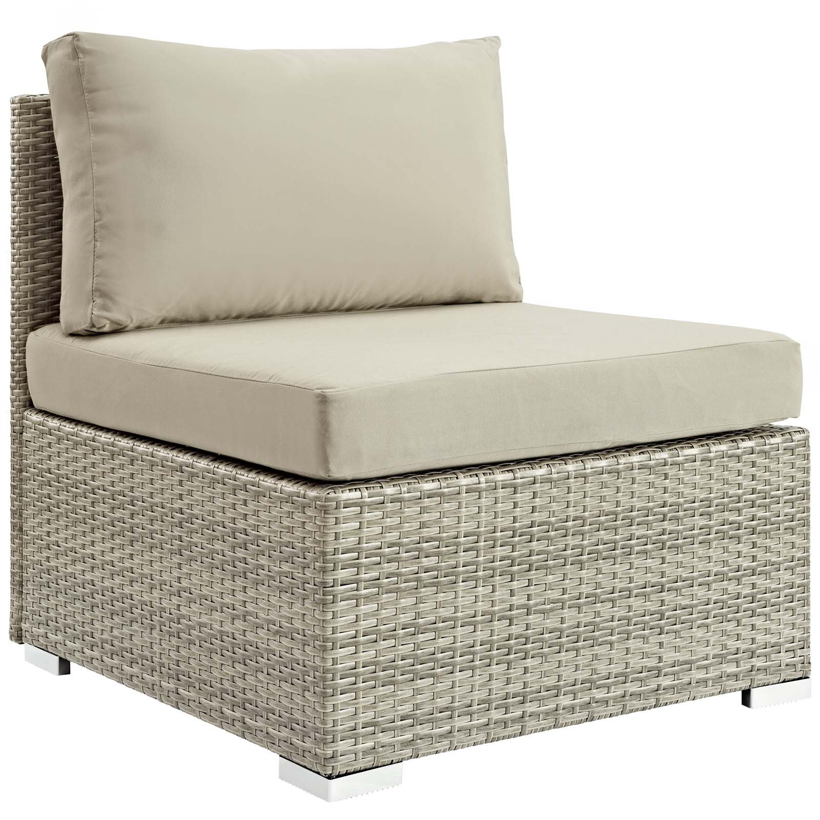 Modway Repose Wicker Rattan Outdoor Patio Armless Sectional Sofa Chair with Cushions in Light Gray Beige - Perfect for Backyard, Poolside & Garden Relaxation