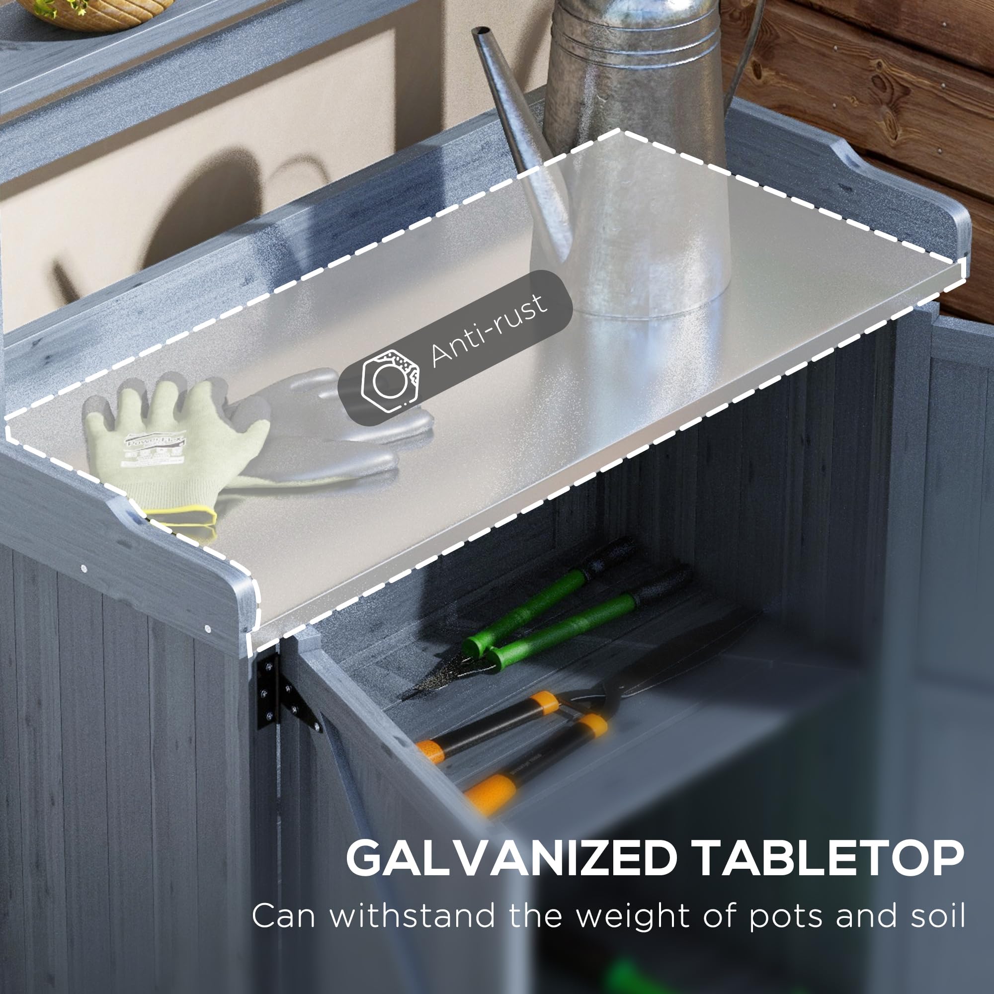 Outsunny Wooden Potting Bench with Storage Cabinet & 2 Shelves - Galvanized Tabletop Garden Workbench for Planting, Gardening - Perfect for Backyard, Balcony, Patio & Outdoor Use (Gray)