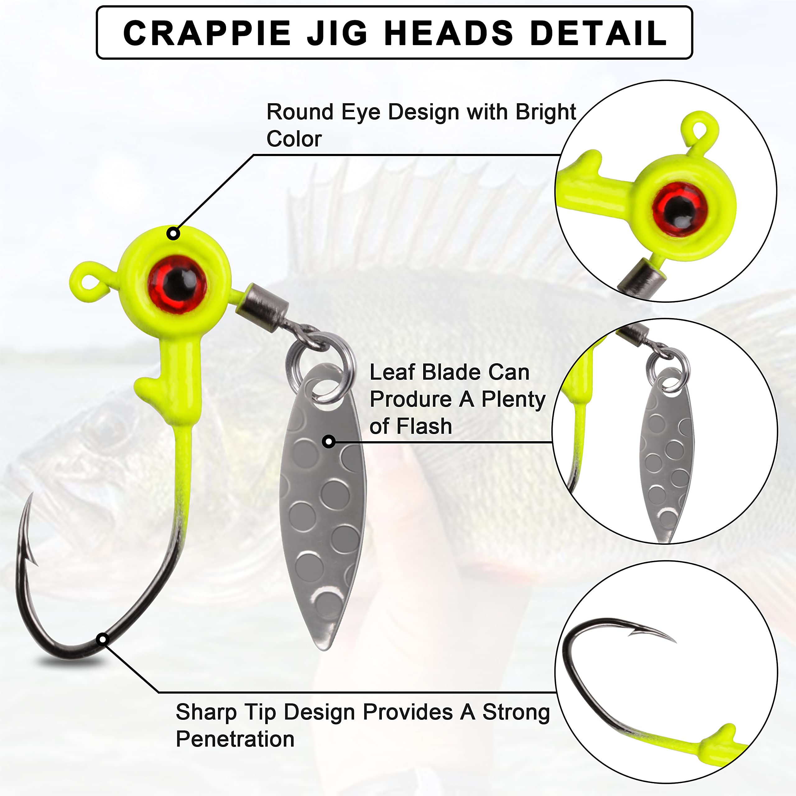 25PCS Crappie Fishing Jig Heads Kit with Spin Blades - 1/16oz, 1/8oz, 3/16oz Underspin Jigs for Bass, Trout & Panfish - Eye Ball Painted Spinner Fishing Jigs for Freshwater & Saltwater Angling