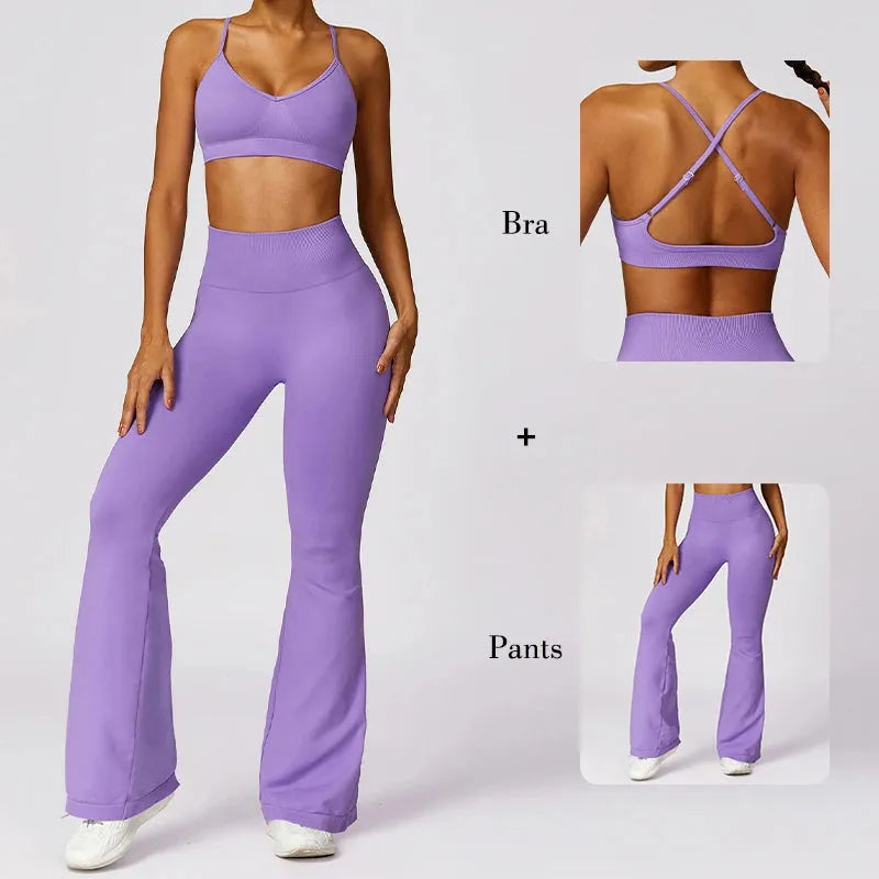 2 Pcs Women's Workout Set - Flared Yoga Pants & Long Sleeve Top - Quick Dry Gym Clothes for Women - Perfect for Yoga, Pilates & Fitness Training
