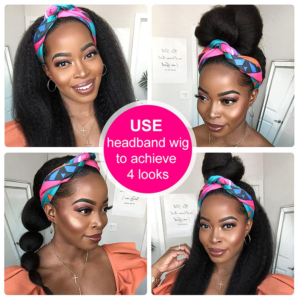 30 Inch Kinky Straight Human Hair Wig - 180% Density 12A Grade Yaki Straight Headband Wig for Black Women | Natural Black Color Half Wig with Attached Headband | Perfect for Daily Wear, Parties & Protective Hairstyles