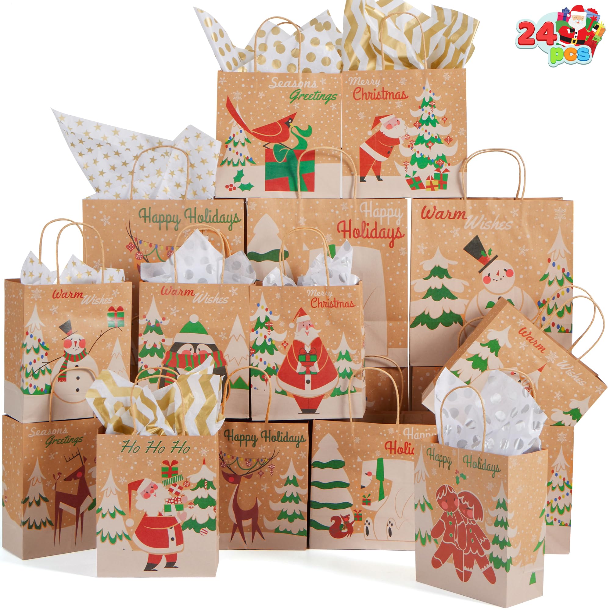 JOYIN 24-Piece Christmas Kraft Gift Bags Set - Assorted Holiday Designs for Wrapping Presents (Classic Style, Tissue Paper Not Included) - Perfect for Christmas Party Favors, Stocking Stuffers & Holiday Gift Giving