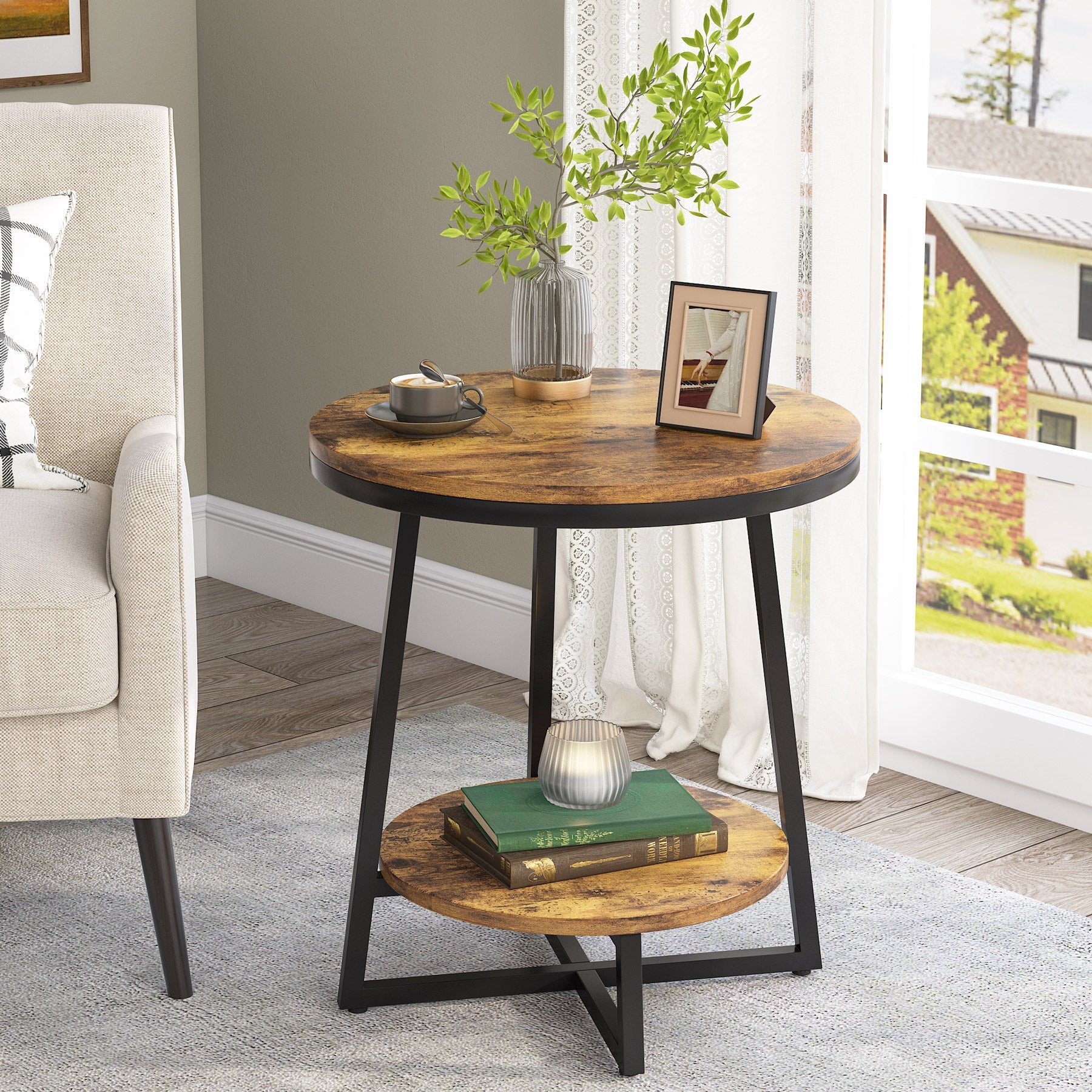 2 Tier End Table with Storage Shelf - Round Accent Bedside Nightstand for Living Room, Bedroom - Modern Side Table for Small Spaces & Home Decor