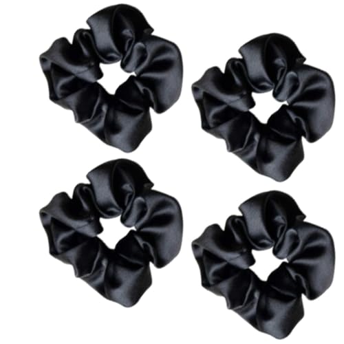 Luxury Black Satin Silk Scrunchies for Women & Girls - Soft Hair Ties for Thick Hair (Pack of 4) - Elegant Hair Accessories for Everyday, Work, Party & Special Occasions