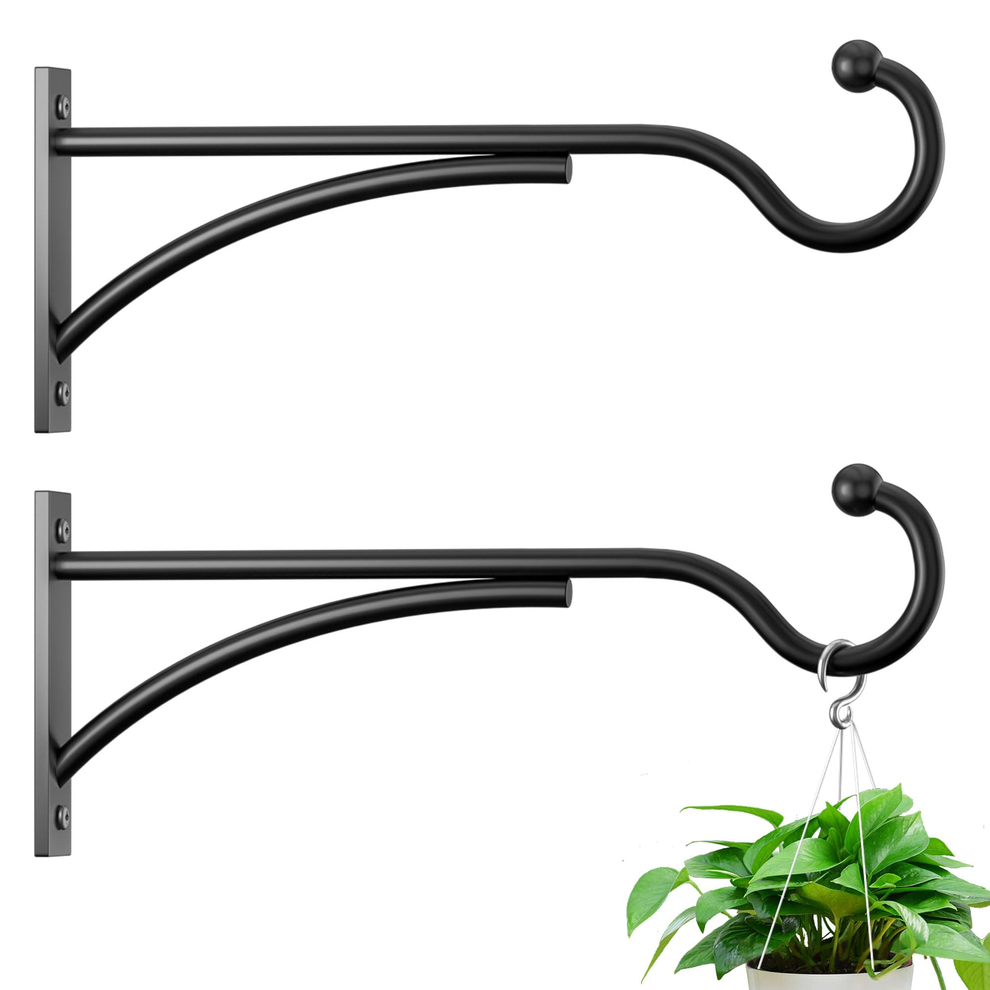 11 Inch Black Metal Wall Hooks for Hanging Baskets - Heavy Duty Outdoor Plant Hangers for Bird Feeders, Wind Chimes, Flower Pots & Lanterns (2 Pack) - Perfect for Garden, Patio & Home Decor